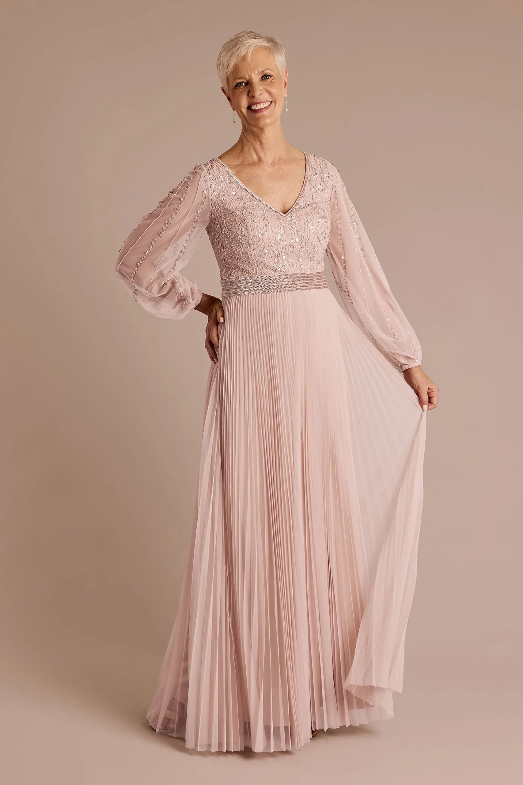 Beaded Blouson Sleeve Pleated A-Line Dress