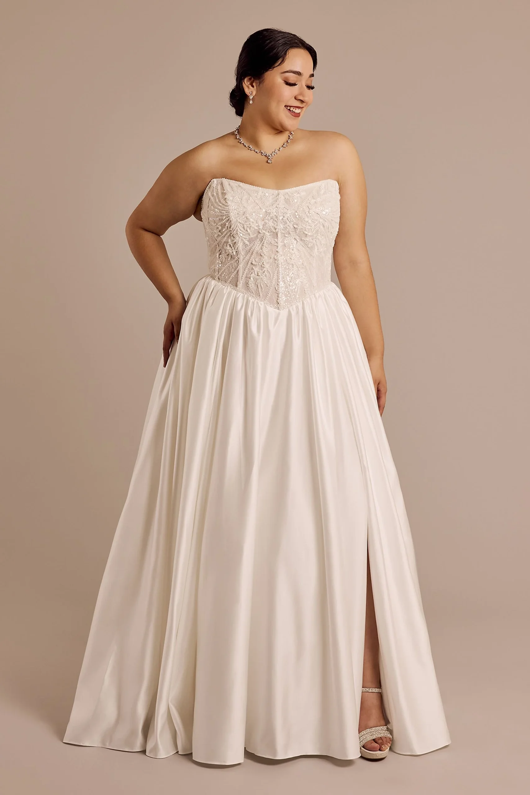 Beaded Bodice Basque Waist Strapless Ball Gown