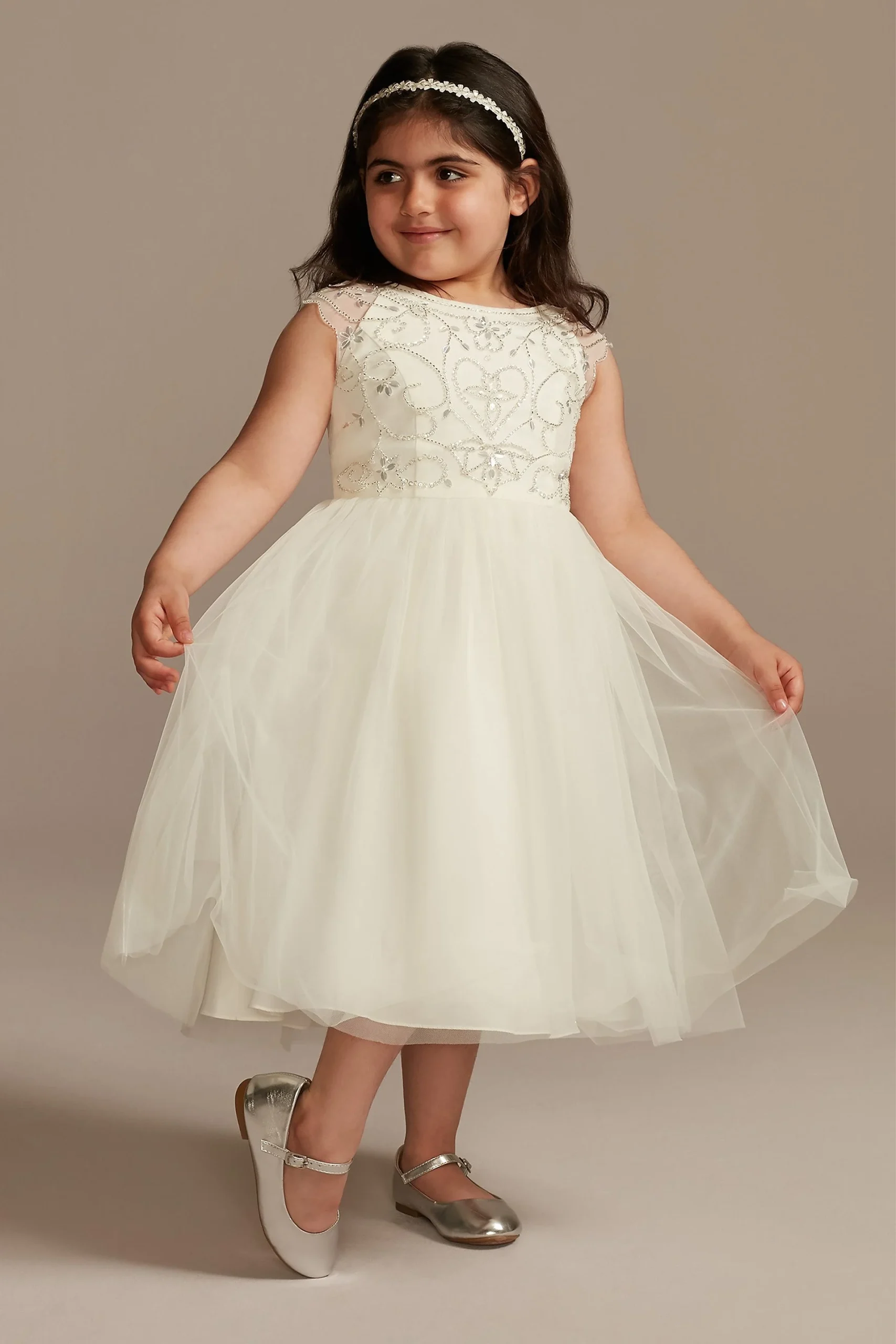 Beaded Bodice Cap Sleeve Tulle Flower Girl Dress