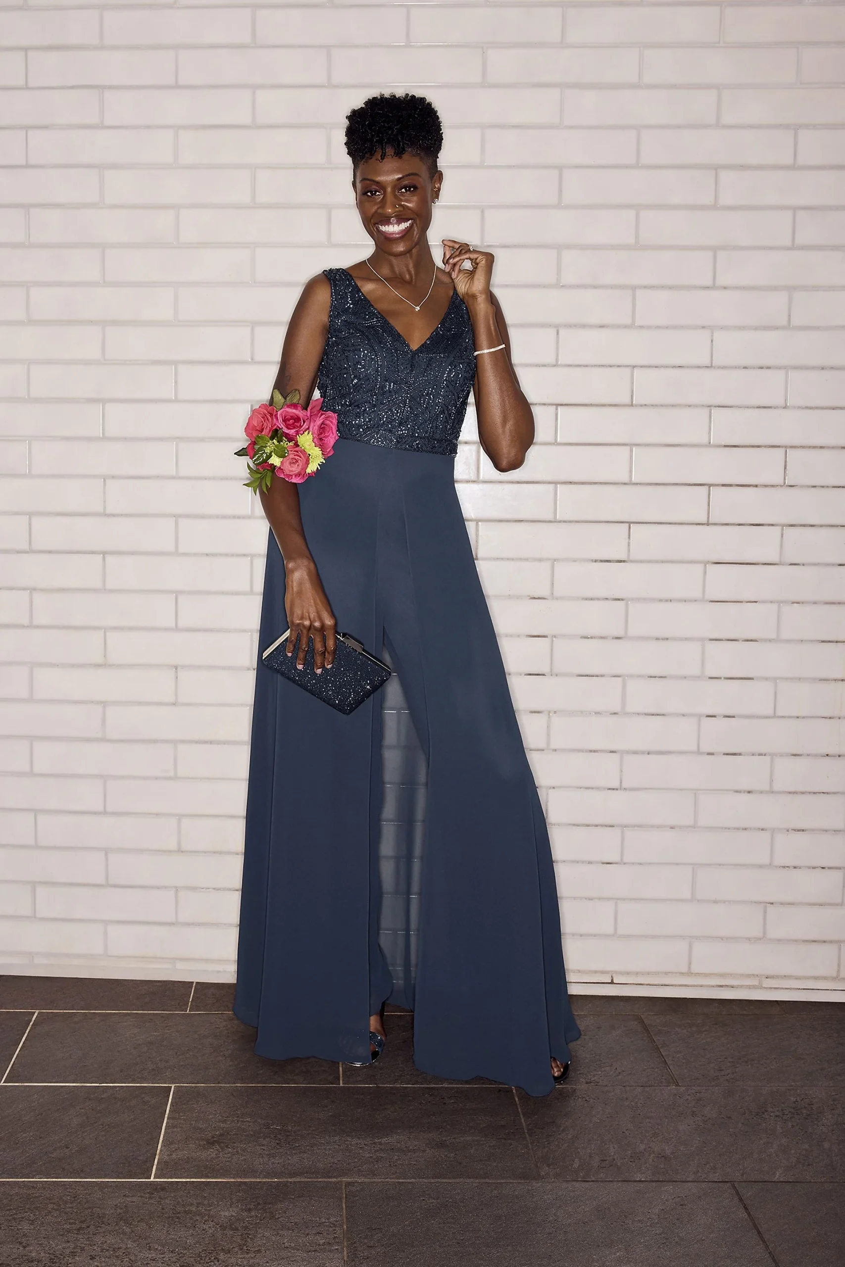 Beaded Bodice Jumpsuit with Matching Scarf
