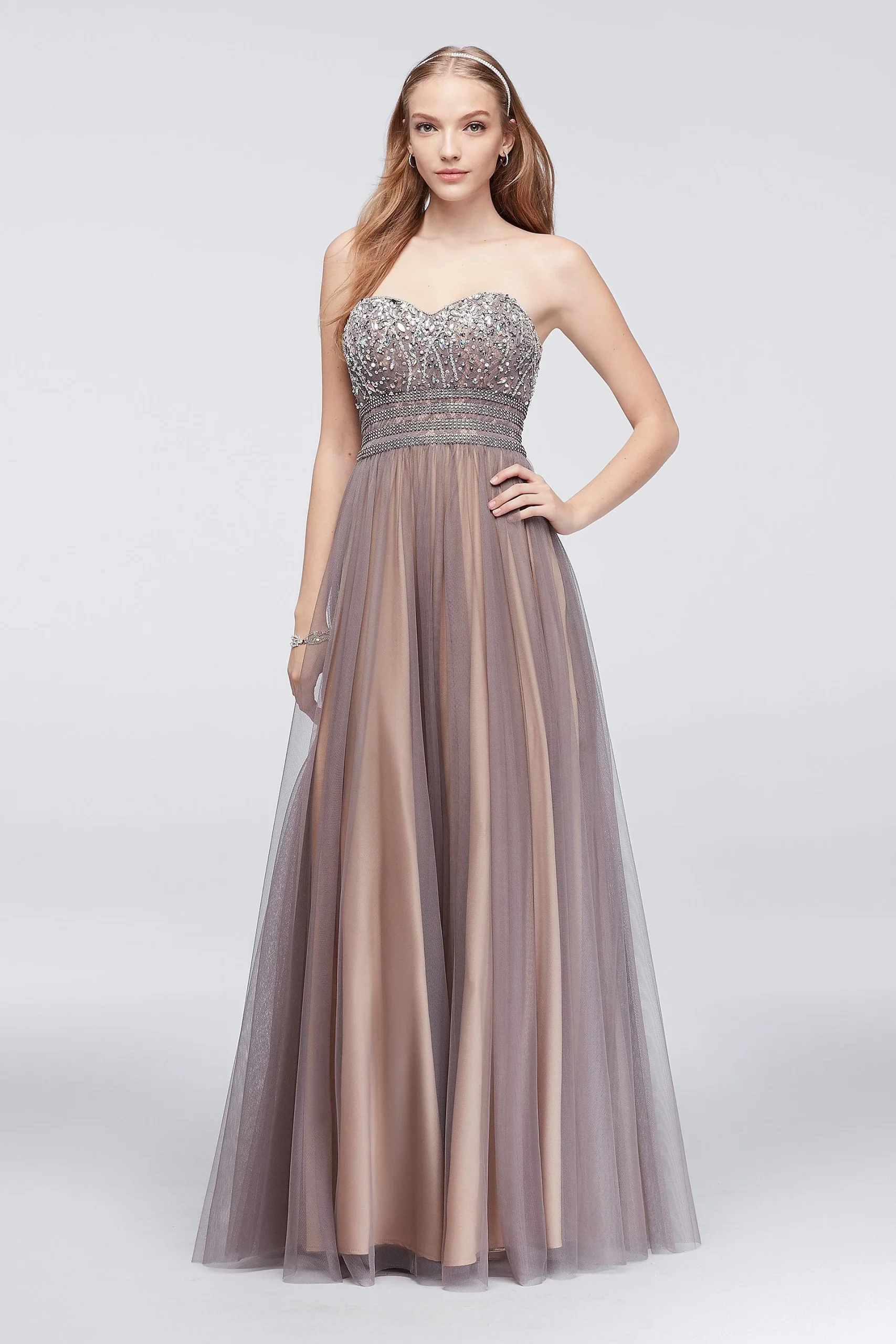 Beaded Bodice Mesh Ball Gown with Lace-Up Back