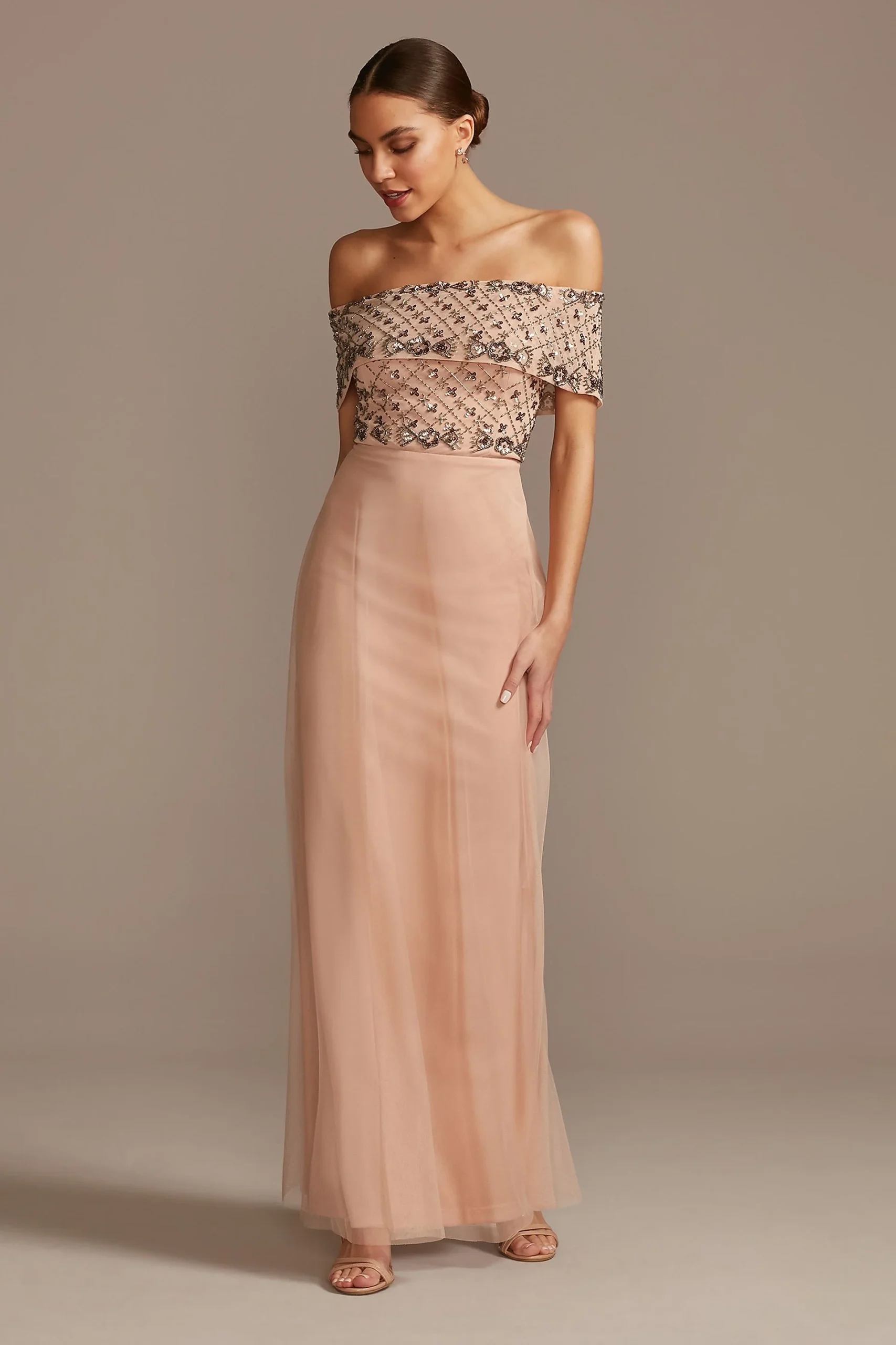 Beaded Bodice Mesh Overlay Off Shoulder Gown