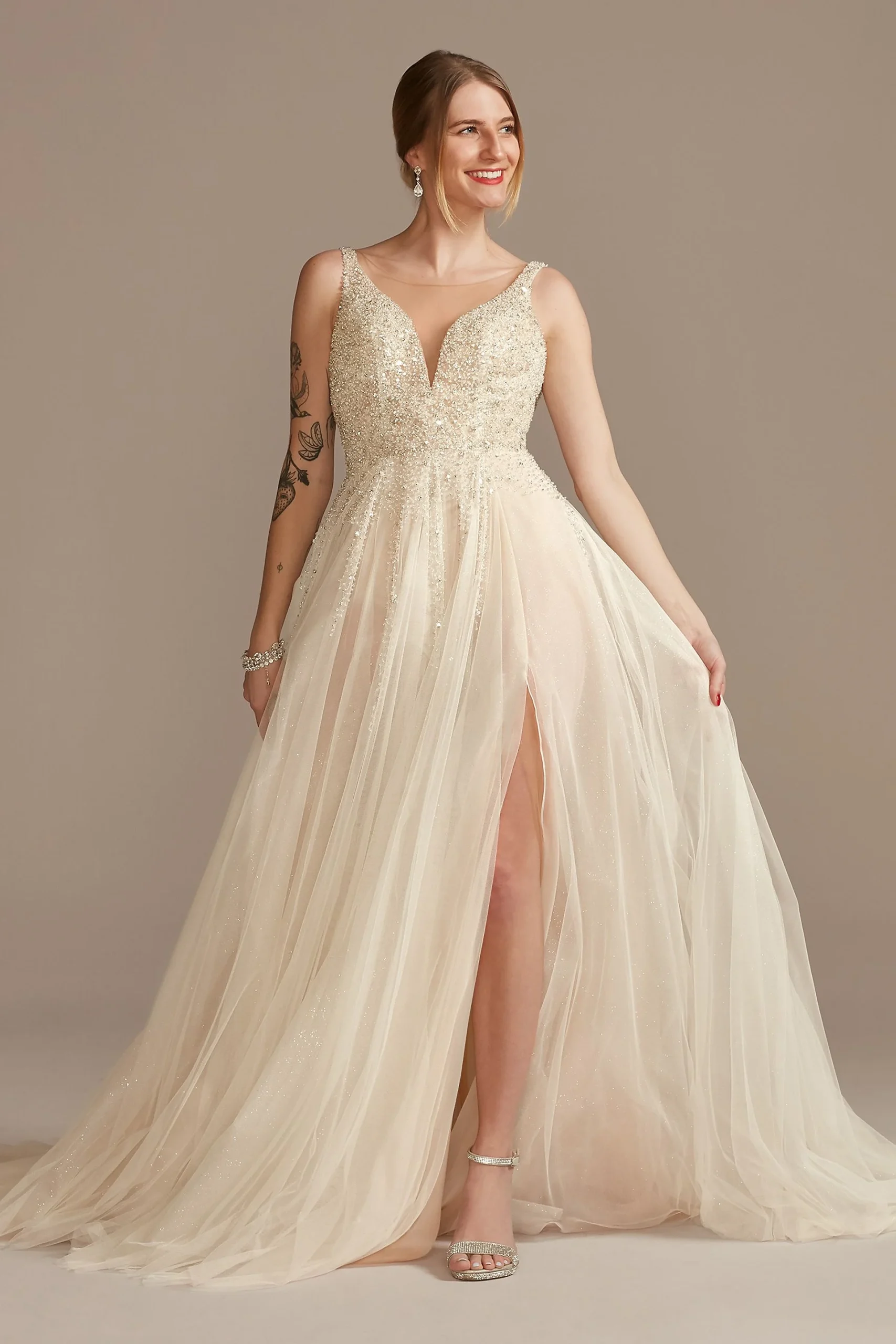 Beaded Bodice Plunging-V Illusion Wedding Dress
