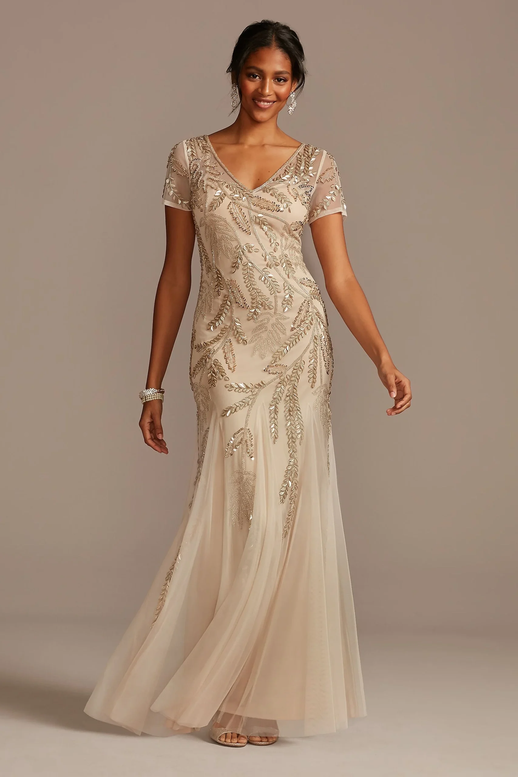 Beaded Branch Short Sleeve V-Neck Godet Dress