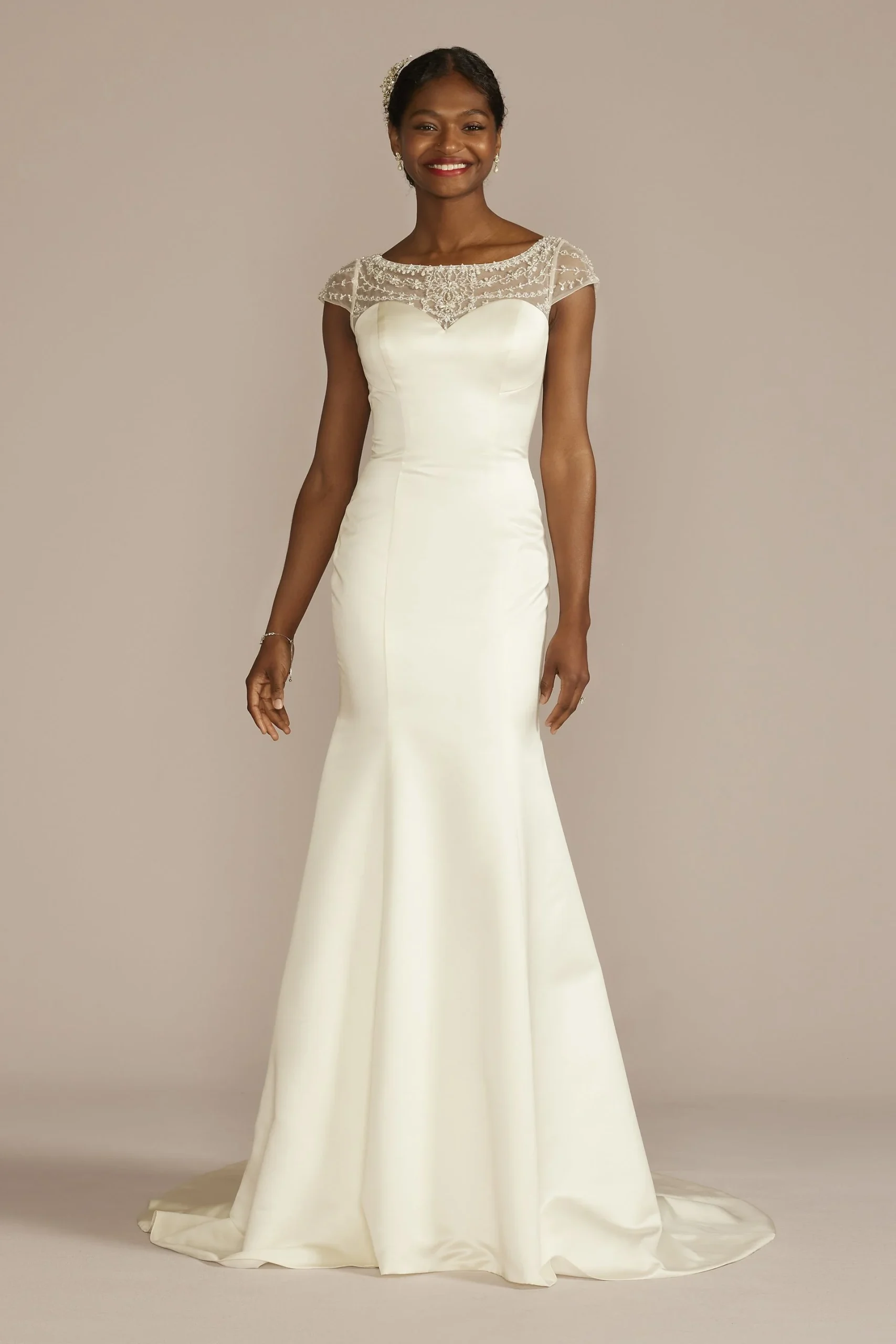 Beaded Cap Sleeve Mermaid Wedding Dress