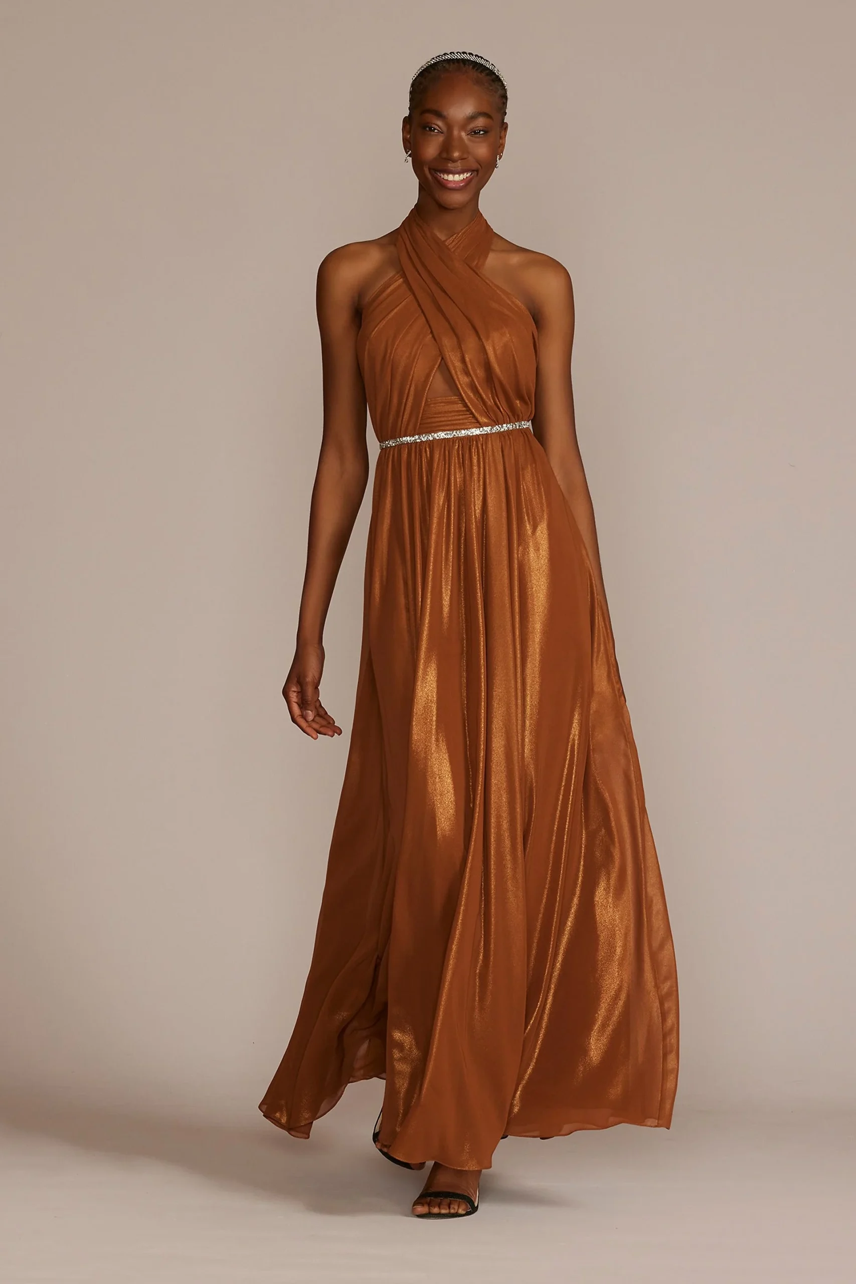 Beaded Chiffon Halter A-Line Bodice Cutout