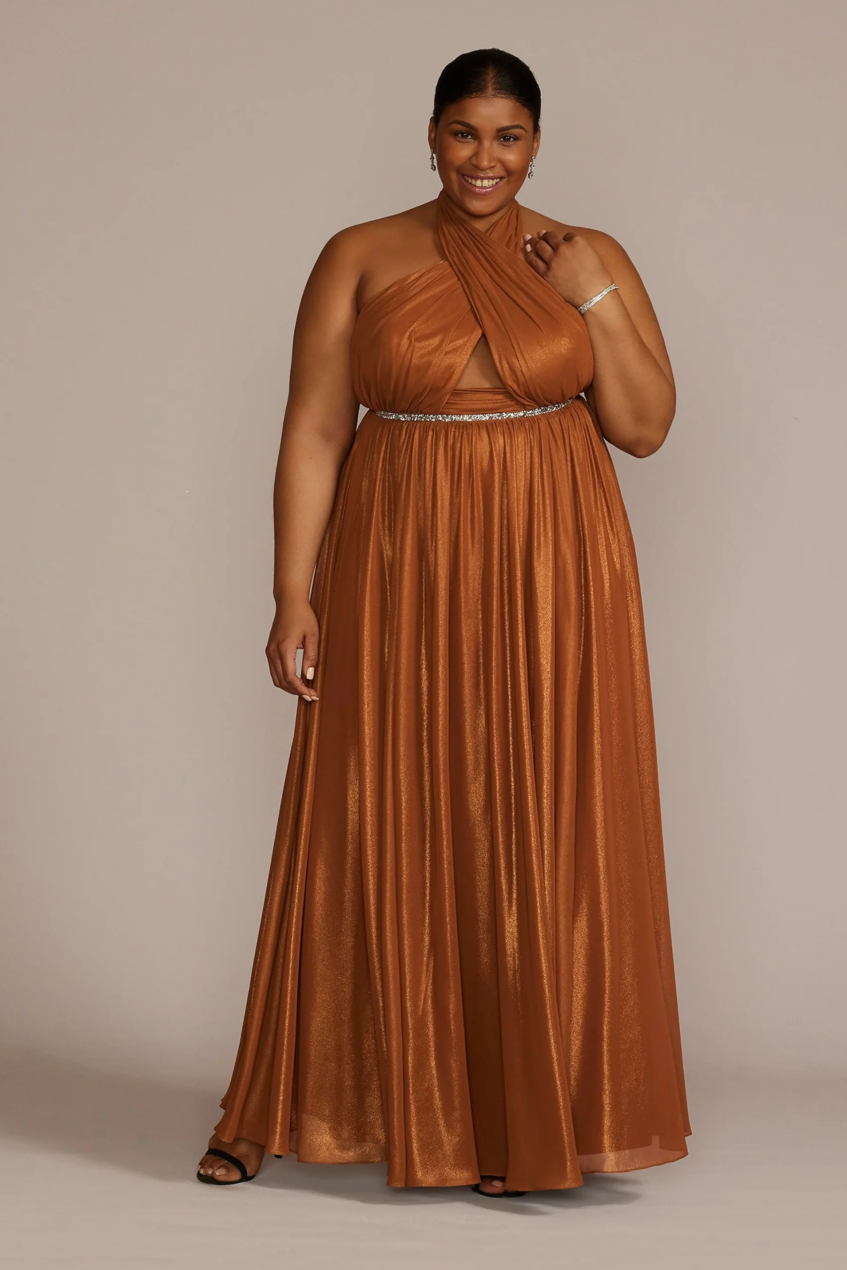 Beaded Chiffon Halter A-Line with Bodice Cutout
