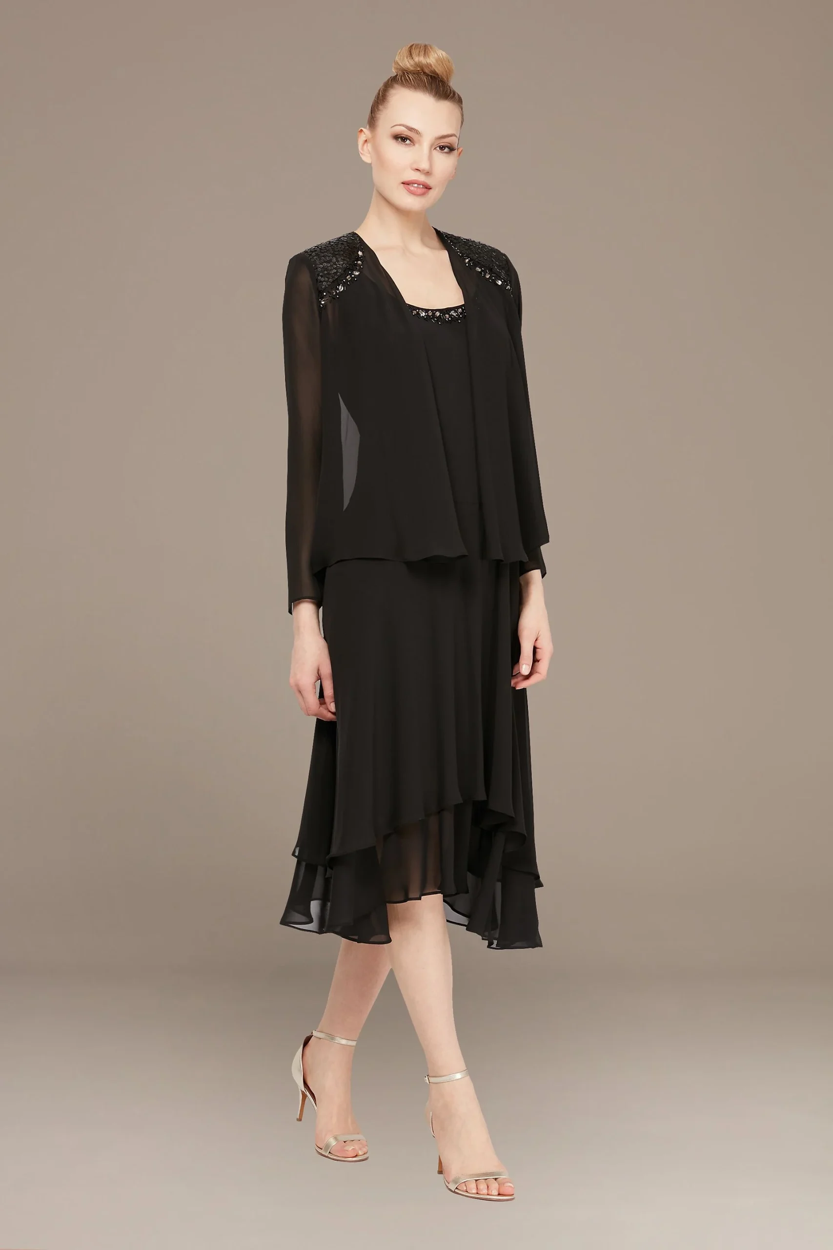 Beaded Chiffon Tiered Dress with Matching Jacket