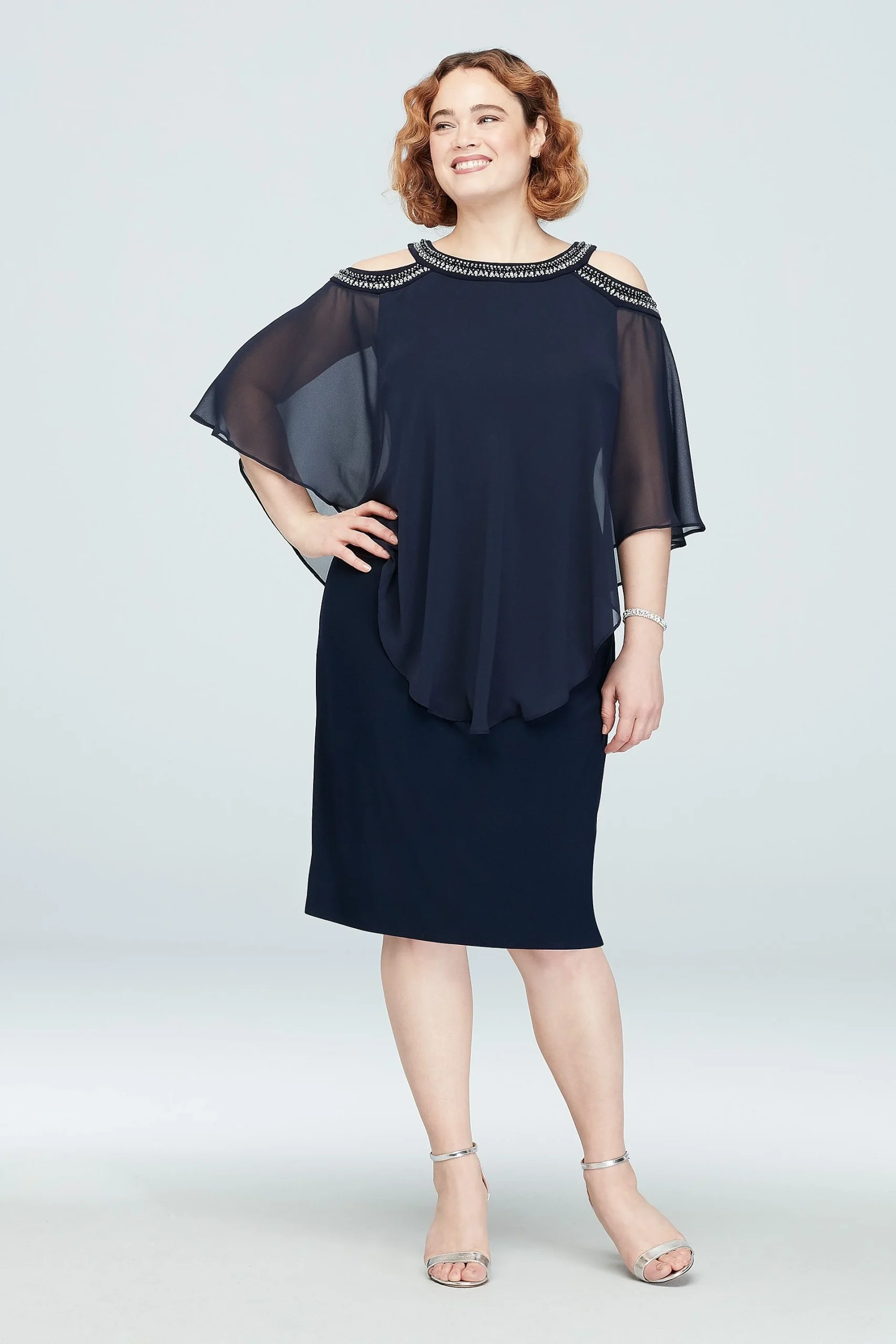 Beaded Cold-Shoulder Plus Size Dress with Capelet