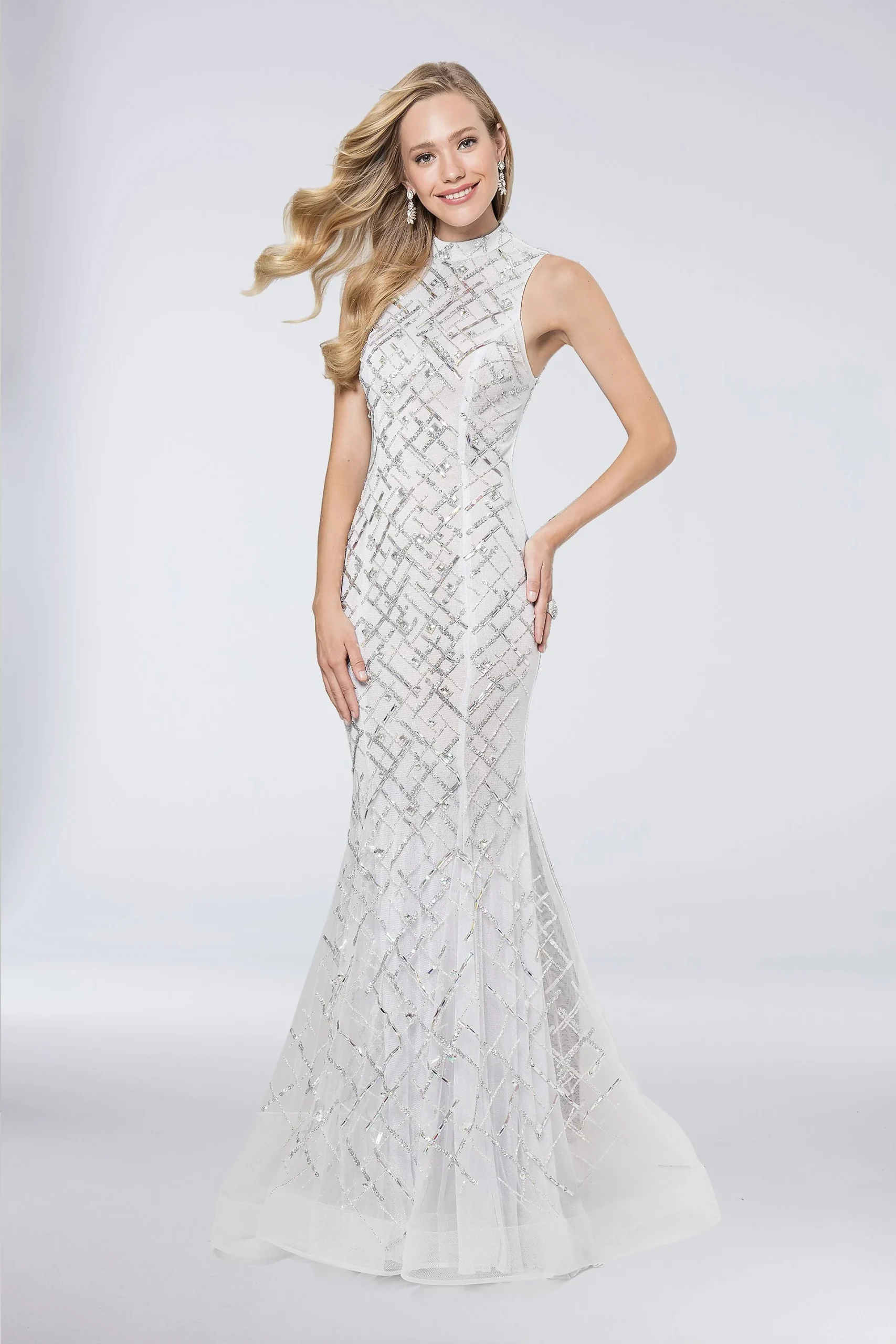 Beaded Crosshatch Mesh Mermaid Dress