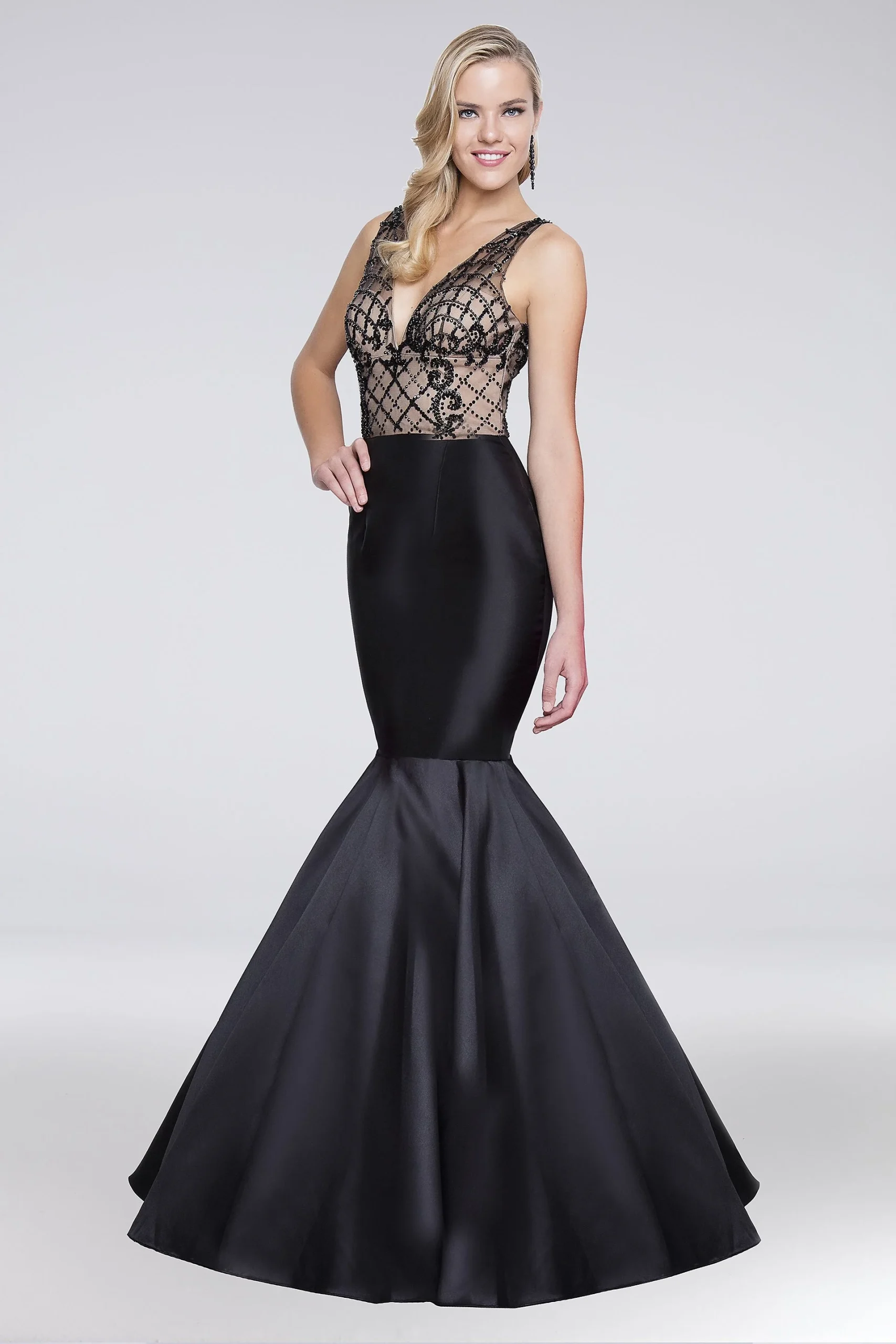 Beaded Deep-V Mikado Mermaid Dress with Low Back