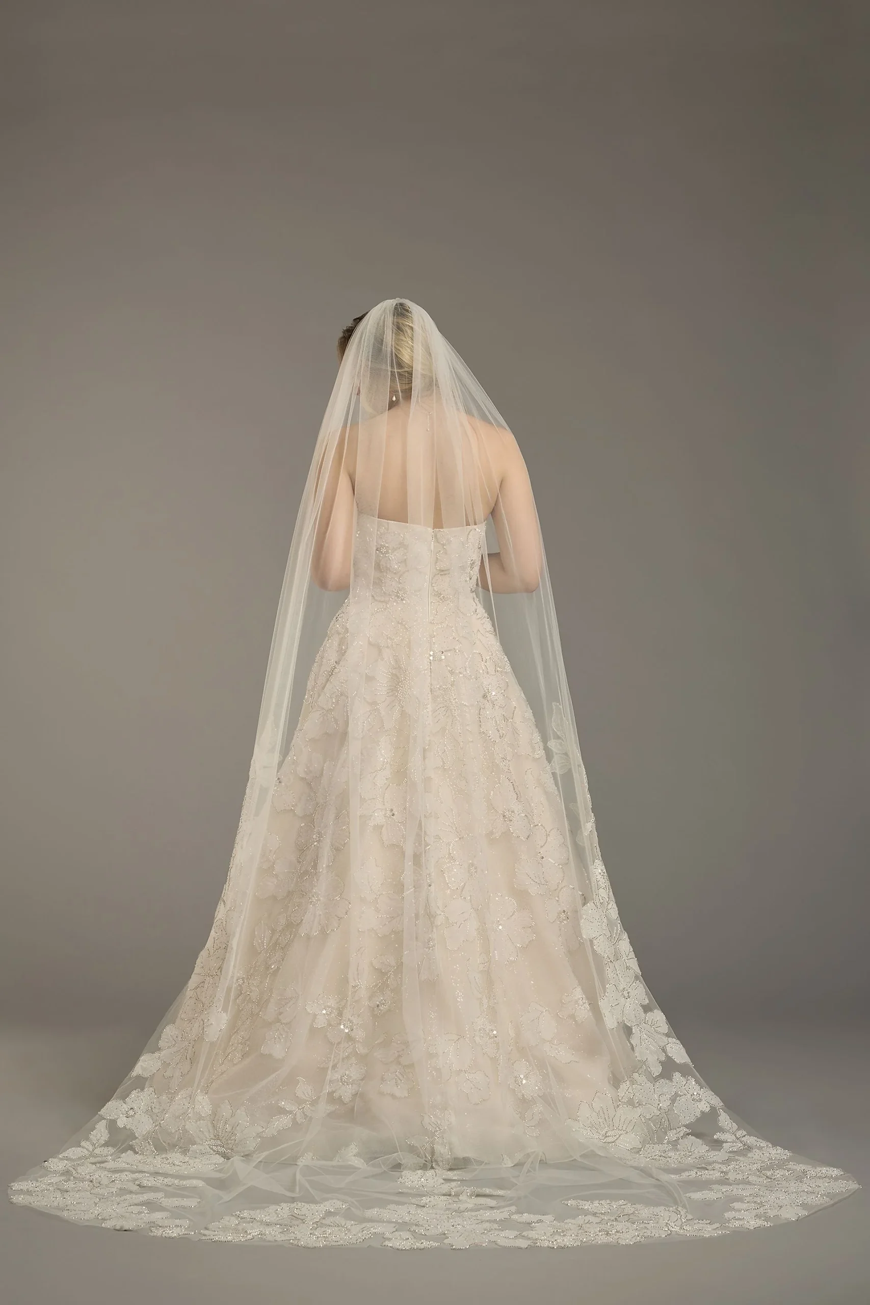 Beaded Etched Floral Applique Cathedral Veil