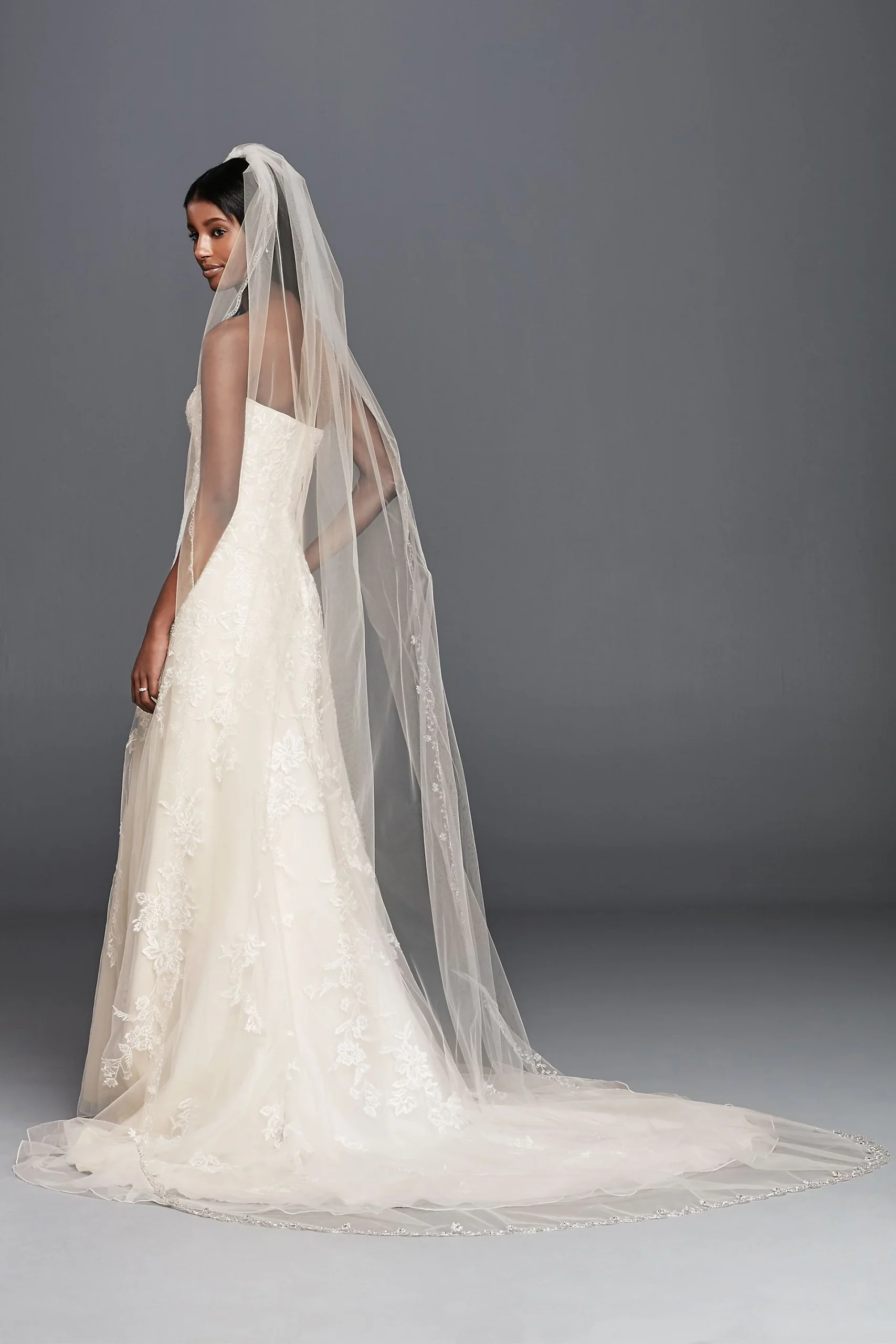 Beaded Floral Cathedral Veil wtih Scallop Edge