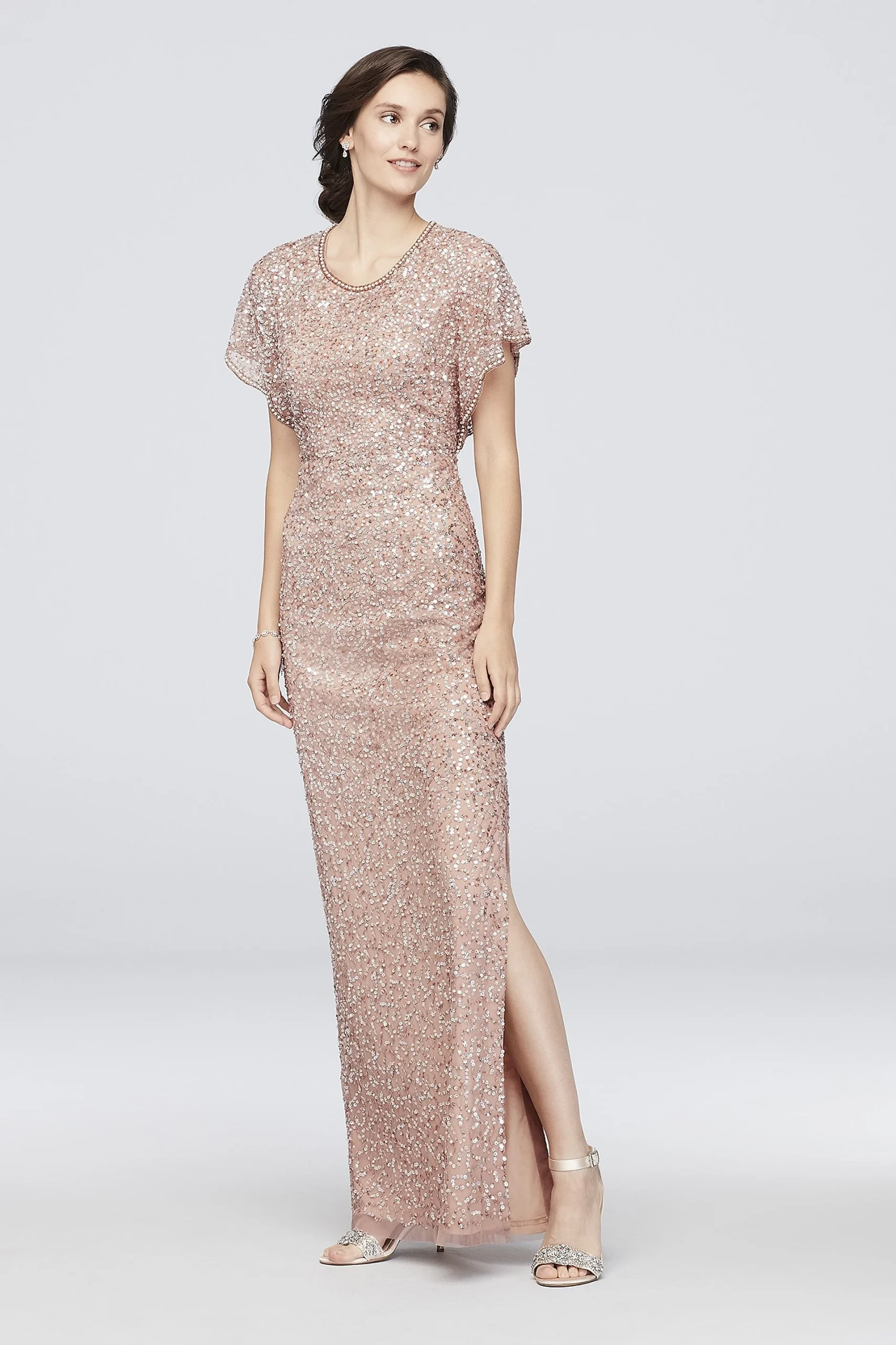 Beaded Flutter Sleeve Scoopneck Sheath Dress
