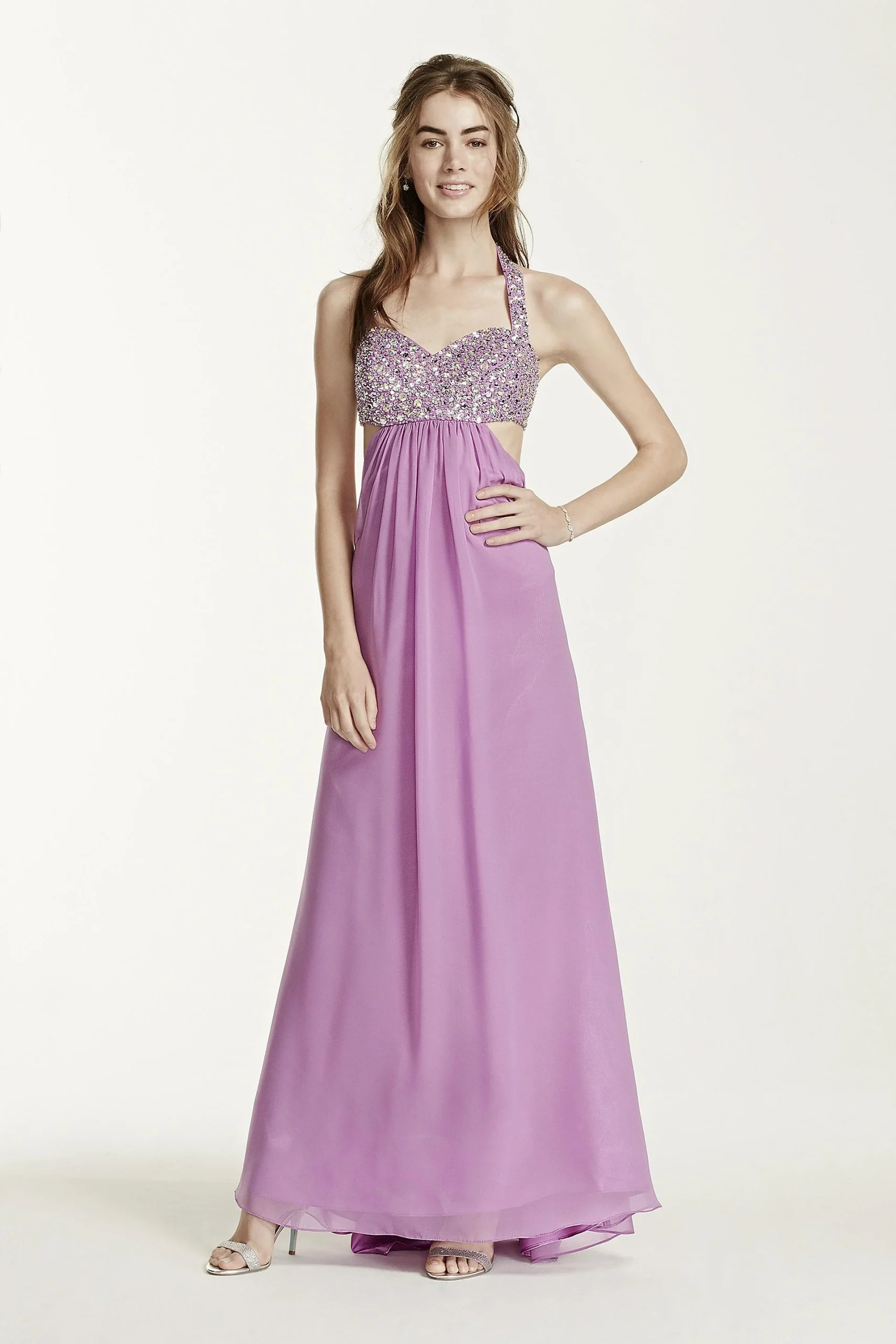 Beaded Halter Chiffon Dress with Cutout Detail