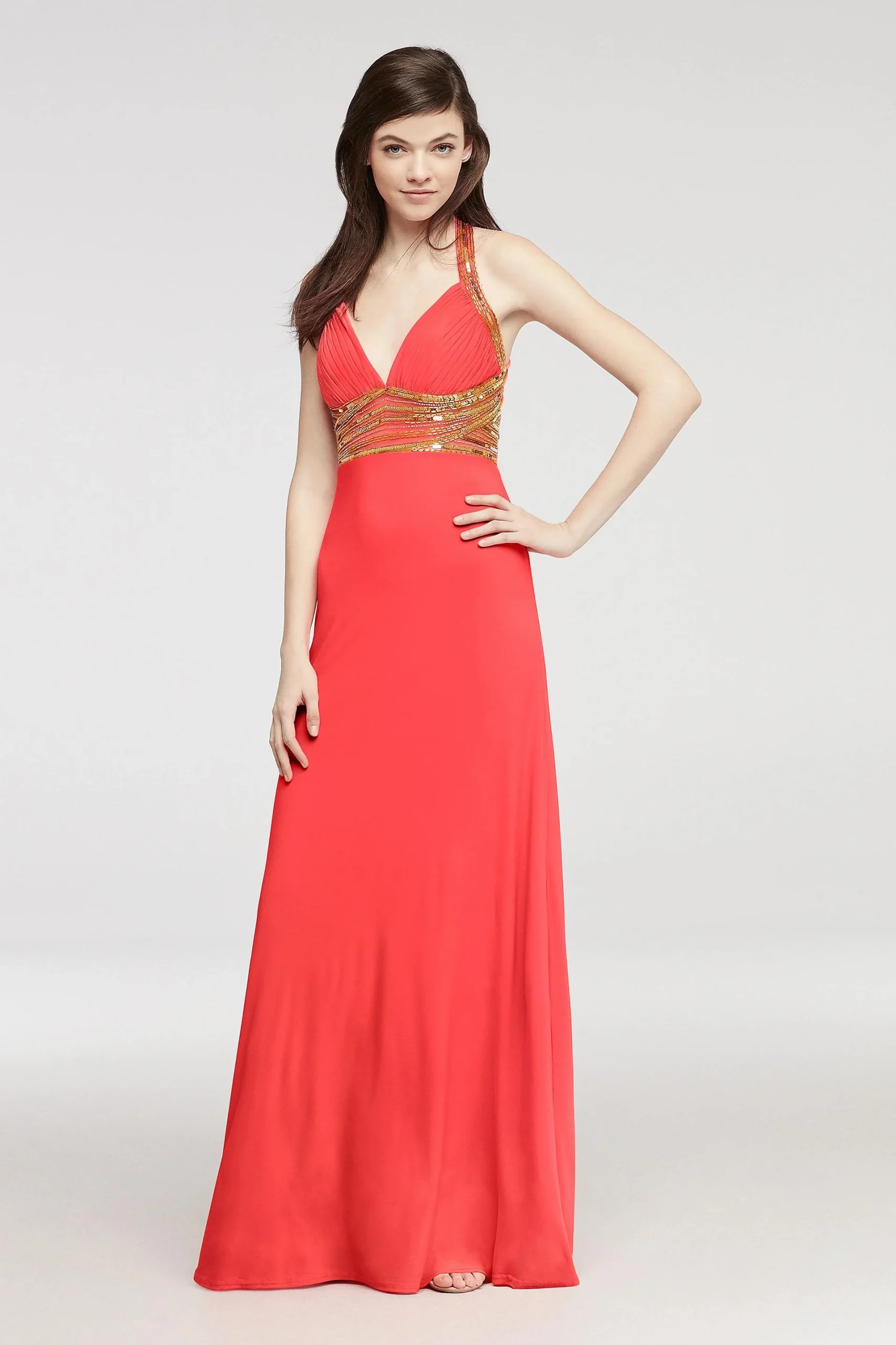 Beaded Halter Jersey Prom Dress with Open Back