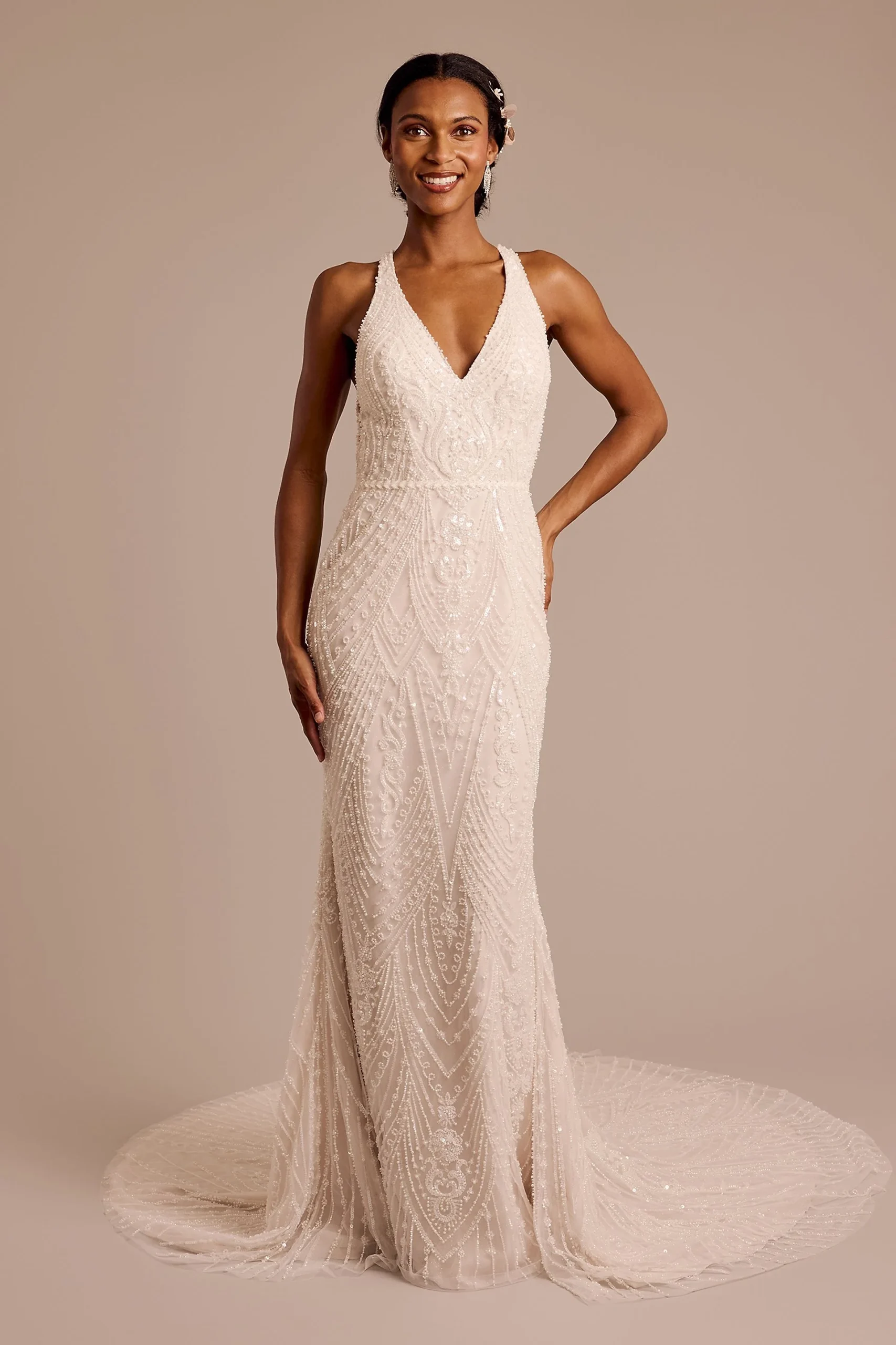 Beaded Halter Open Back Sheath Wedding Dress