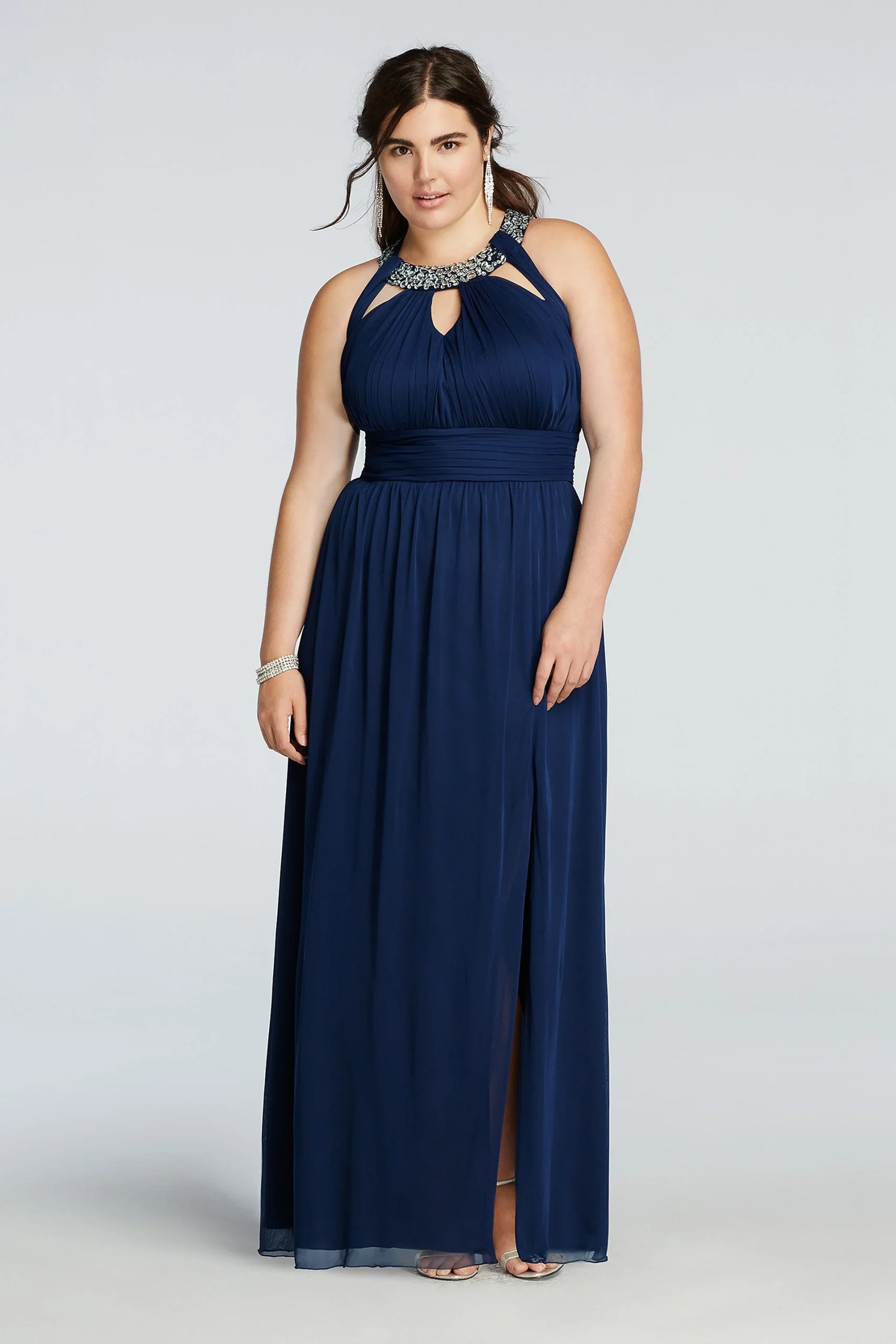 Beaded Halter Plus Size Prom Dress with Cut Outs