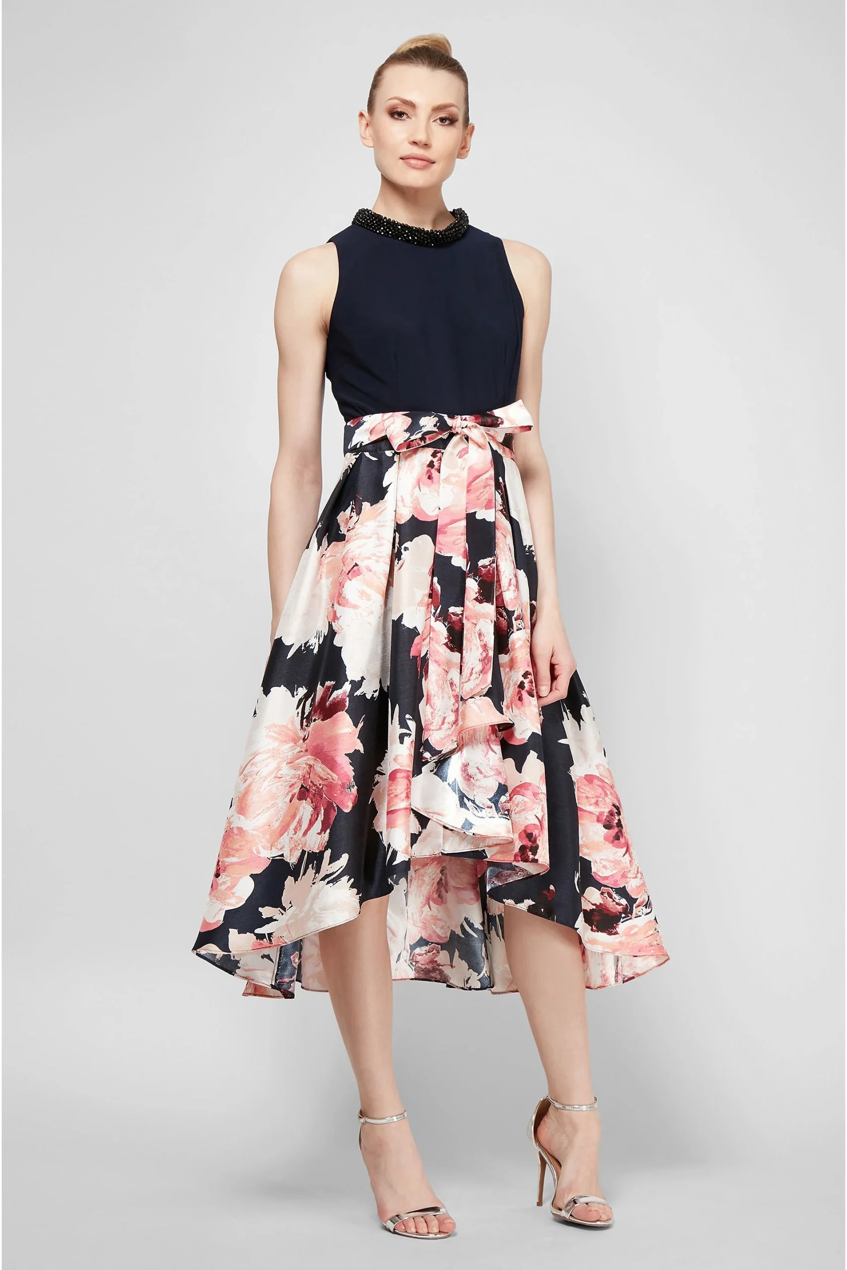 Beaded High Neck Floral Printed Dress with Keyhole
