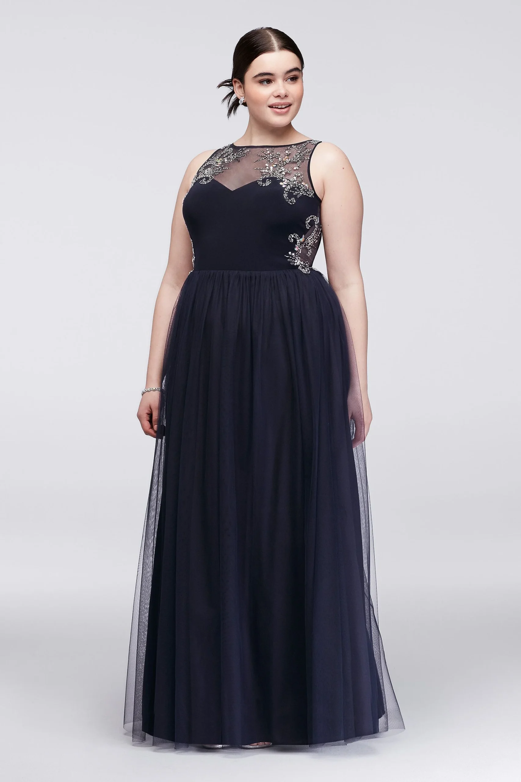 Beaded Illusion-Bodice Mesh Ball Gown