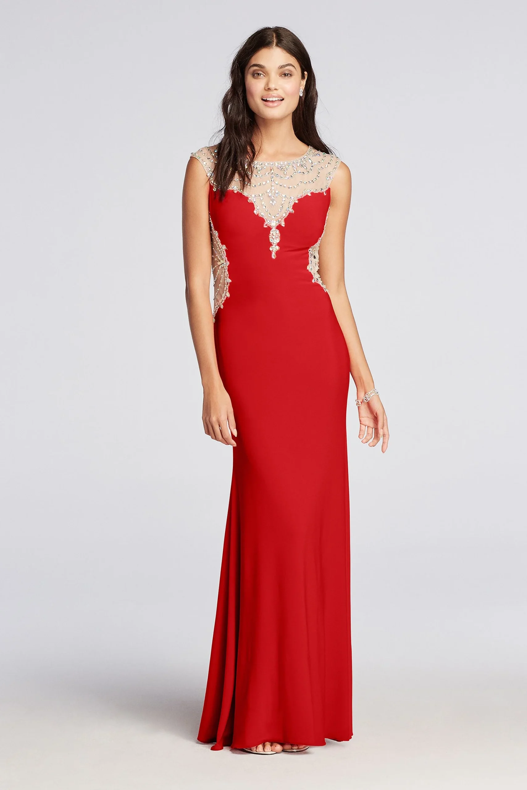 Beaded Illusion Cap Sleeve Prom Dress