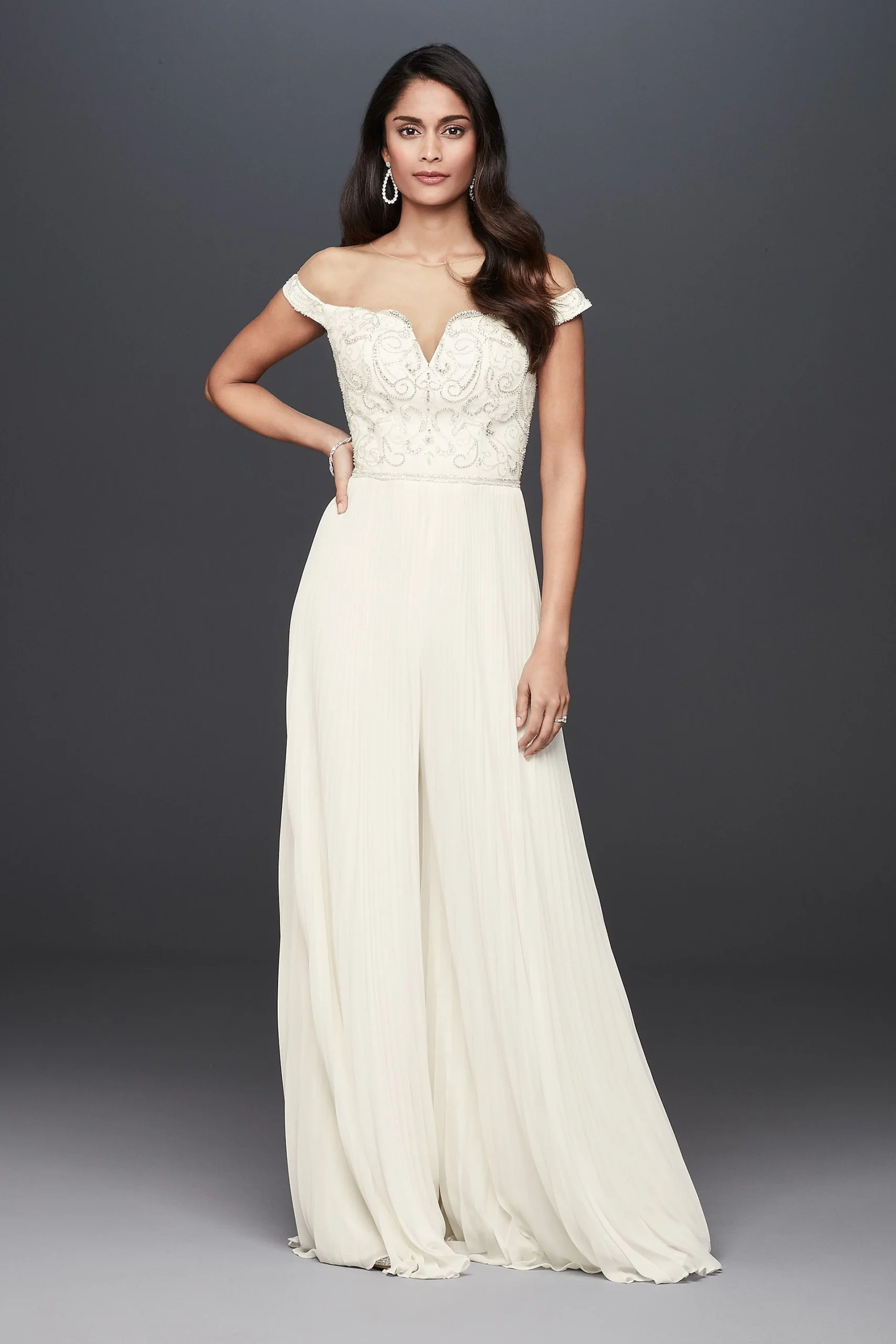 Beaded Illusion Off-the-Shoulder Wedding Jumpsuit