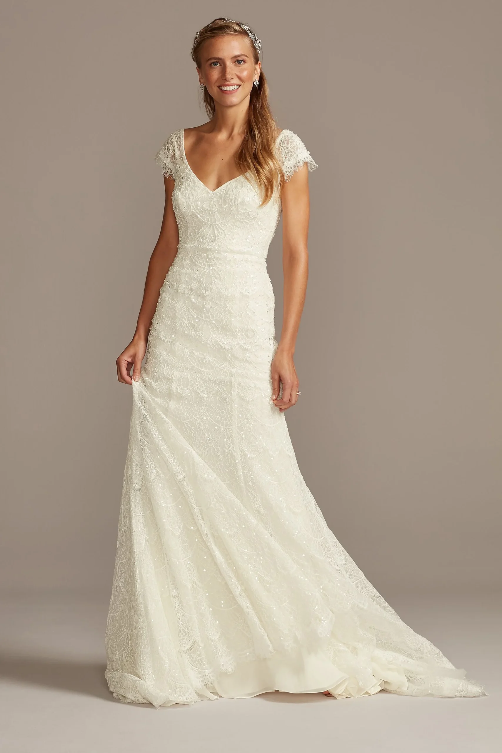 Beaded Lace Cap Sleeve Wedding Dress
