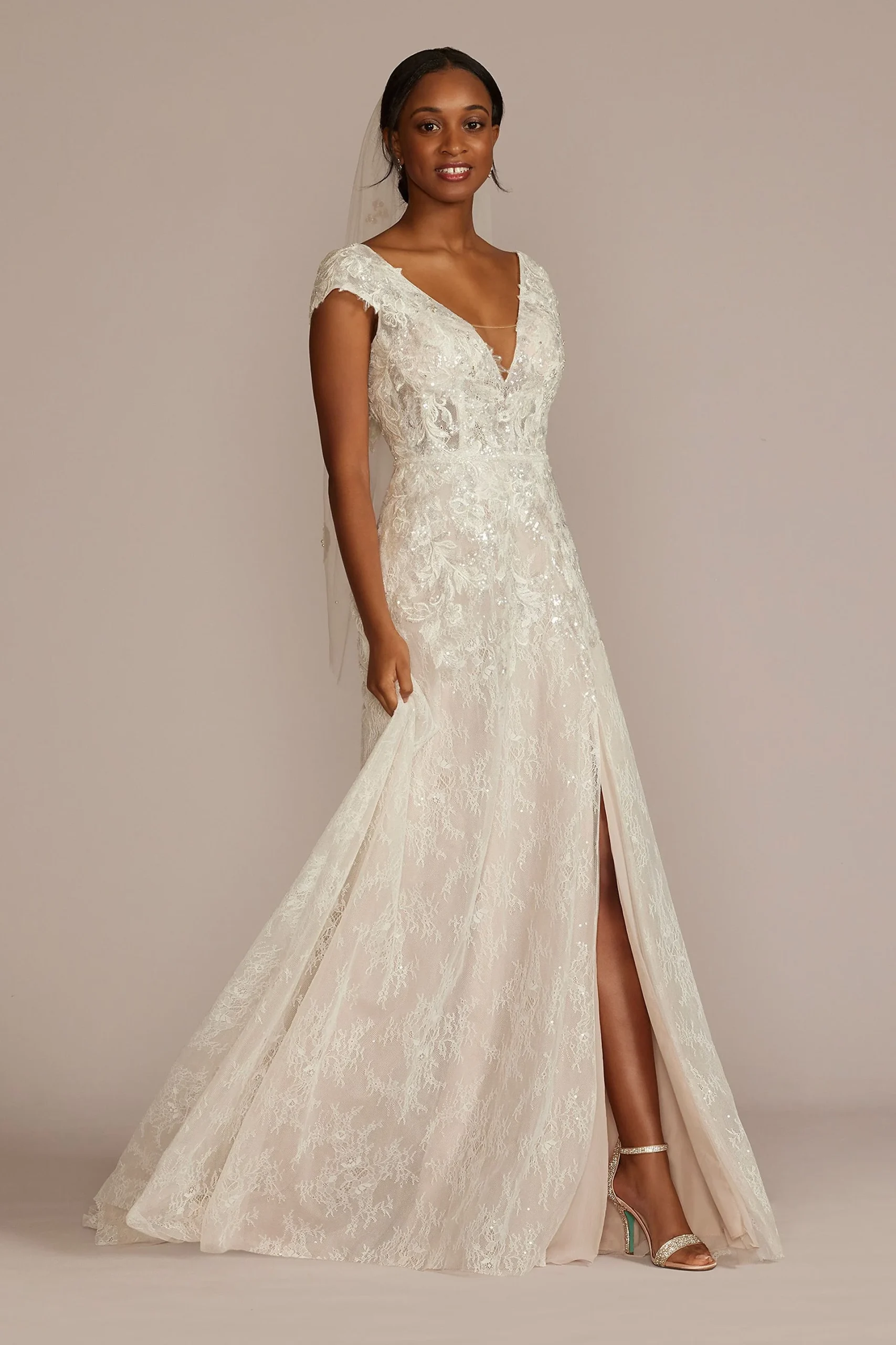 Beaded Lace Cap Sleeve Wedding Dress with Slit