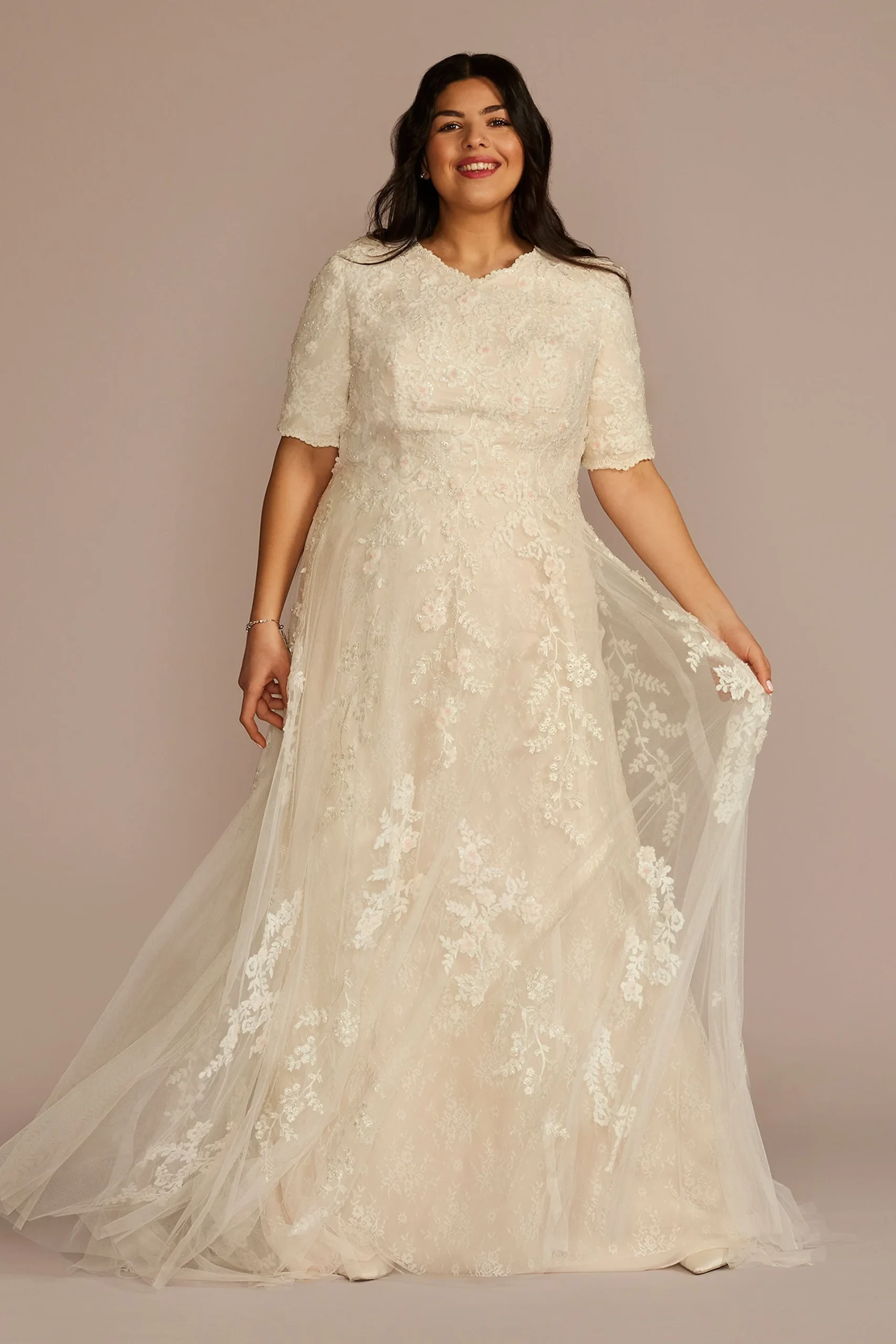 Beaded Lace Elbow Sleeve Modest Wedding Dress