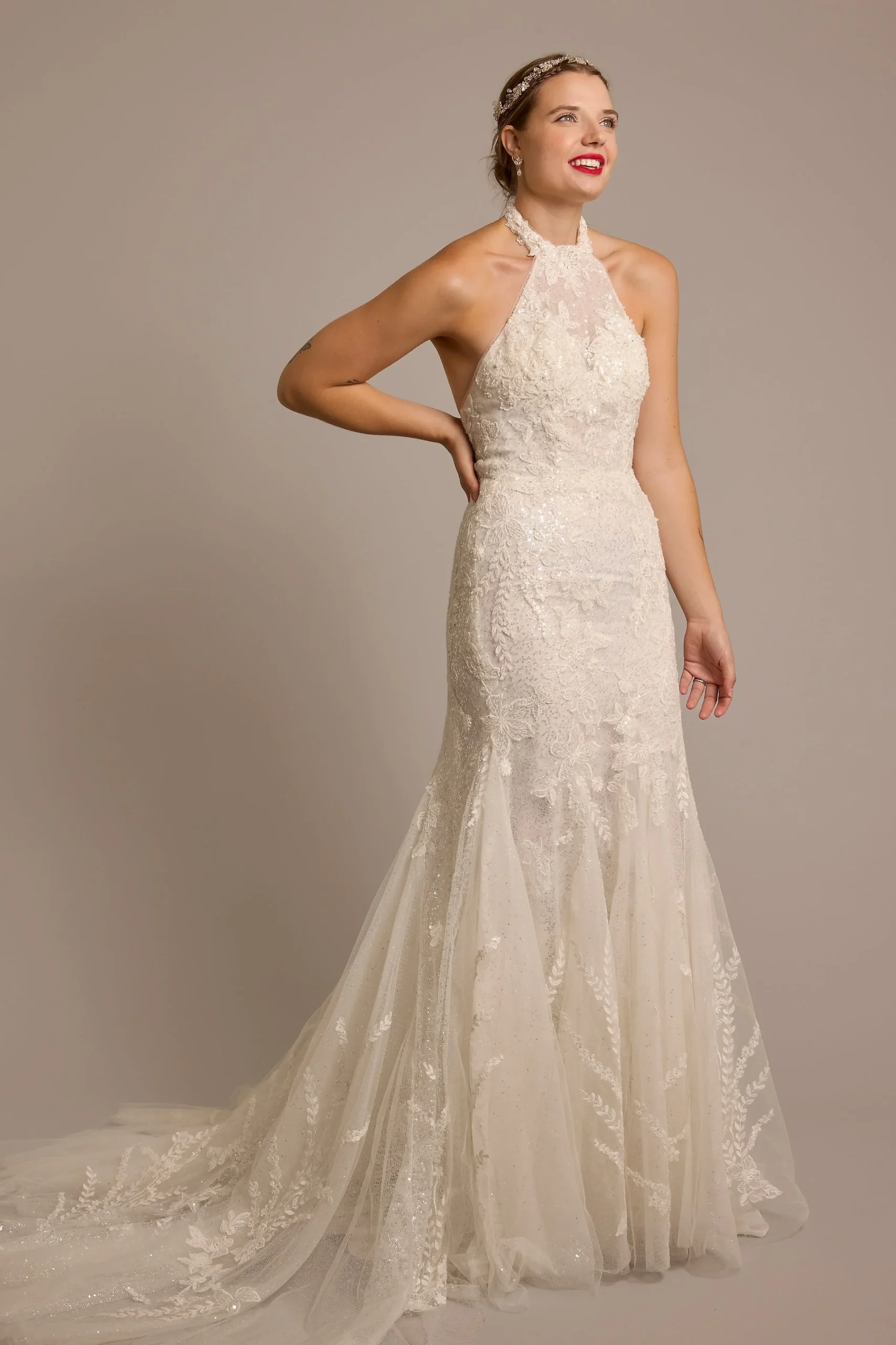 Beaded Lace Halter Mermaid Wedding Dress