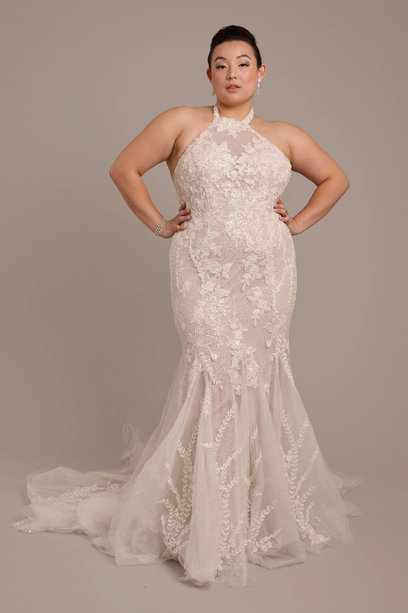 Beaded Lace High Neck Halter Mermaid Wedding Dress