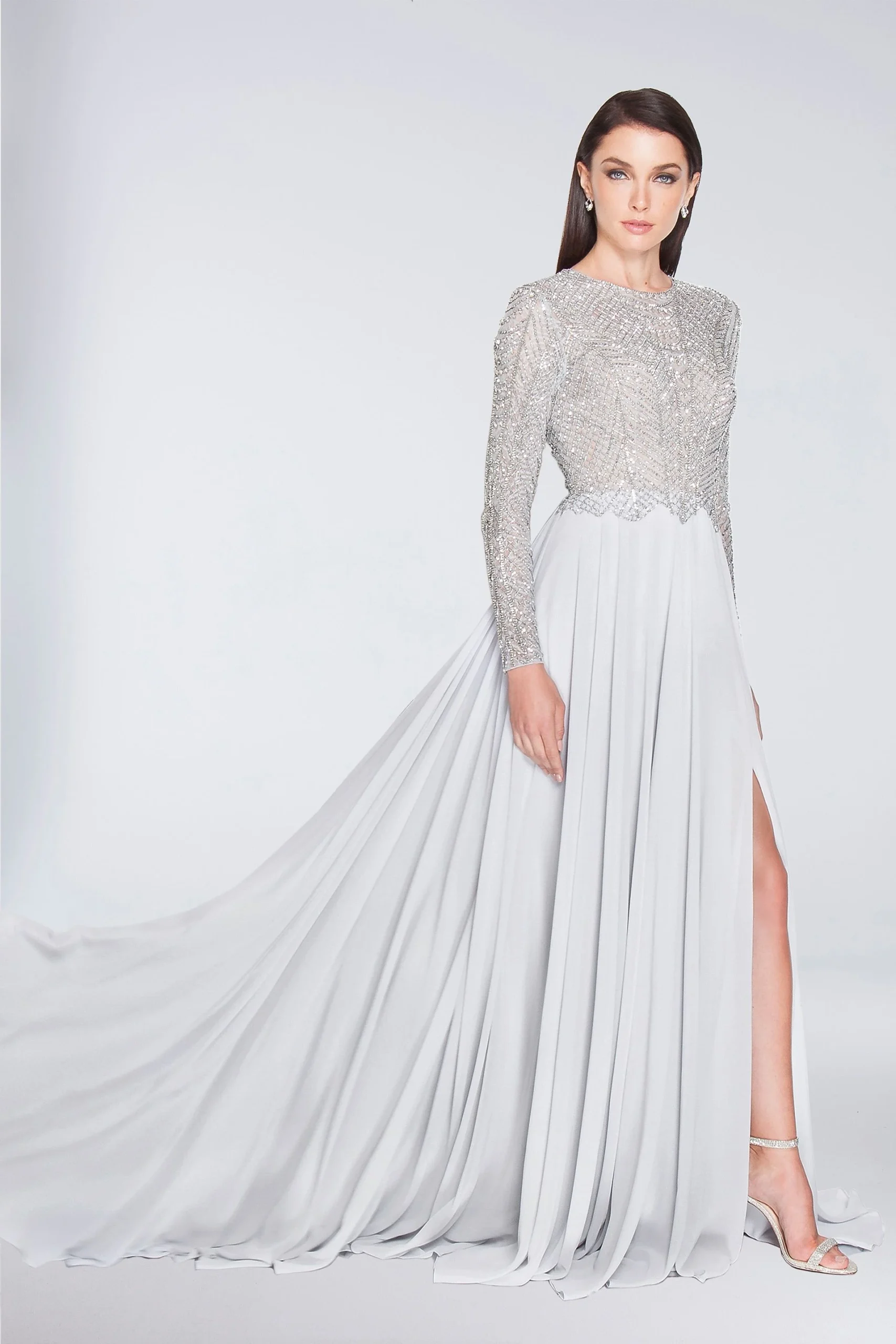 Beaded Long Sleeve A-Line Chiffon Dress with Slit