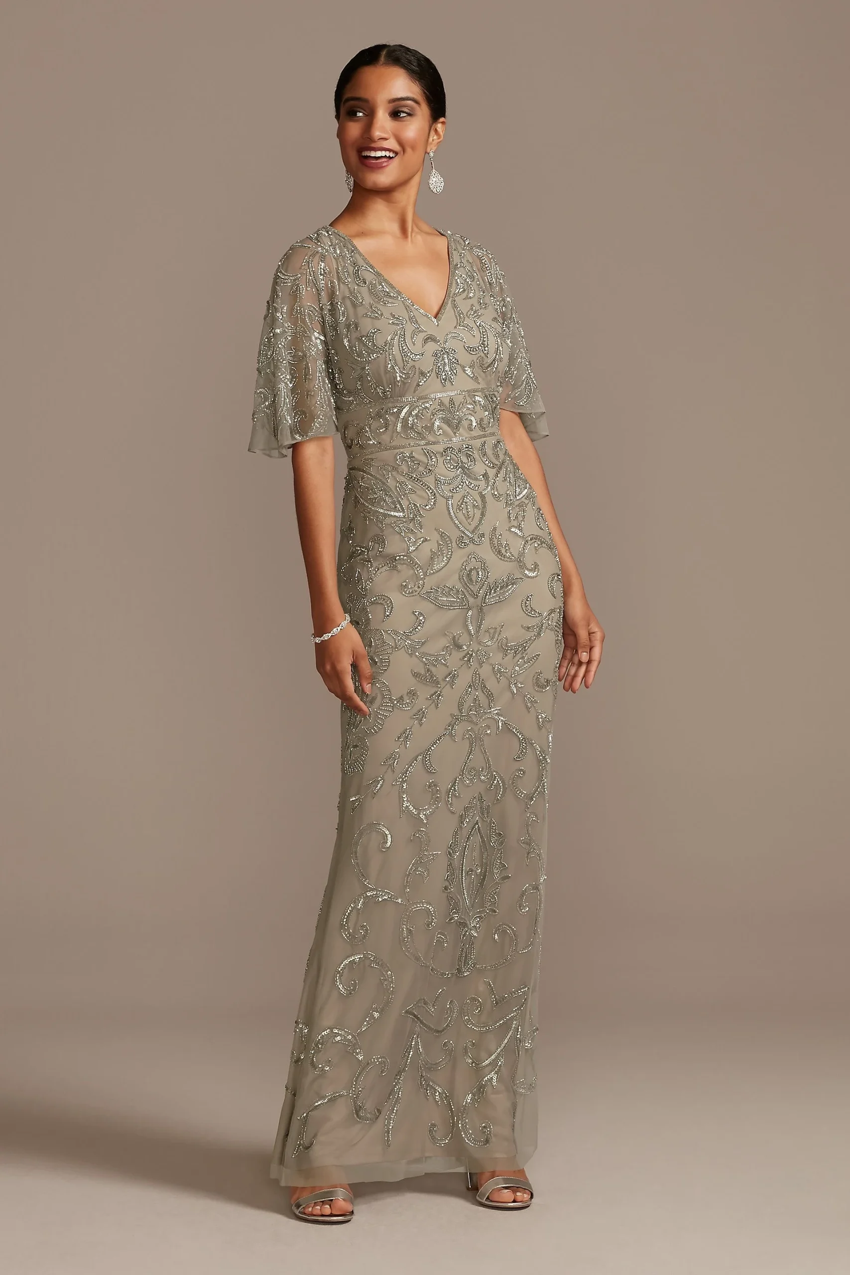 Beaded Mesh Overlay Gown with Flutter Sleeves