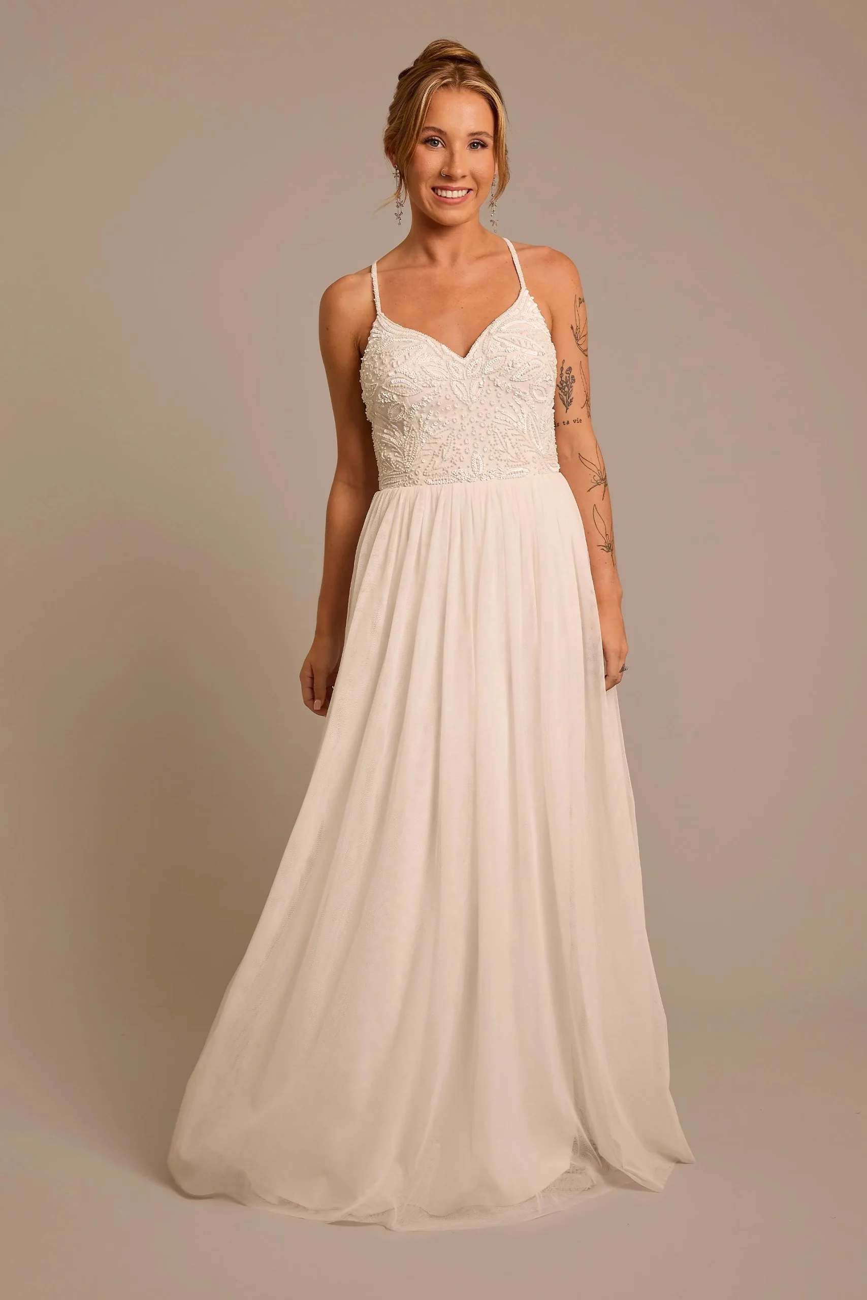 Beaded Mesh Spaghetti Strap A-Line Wedding Dress