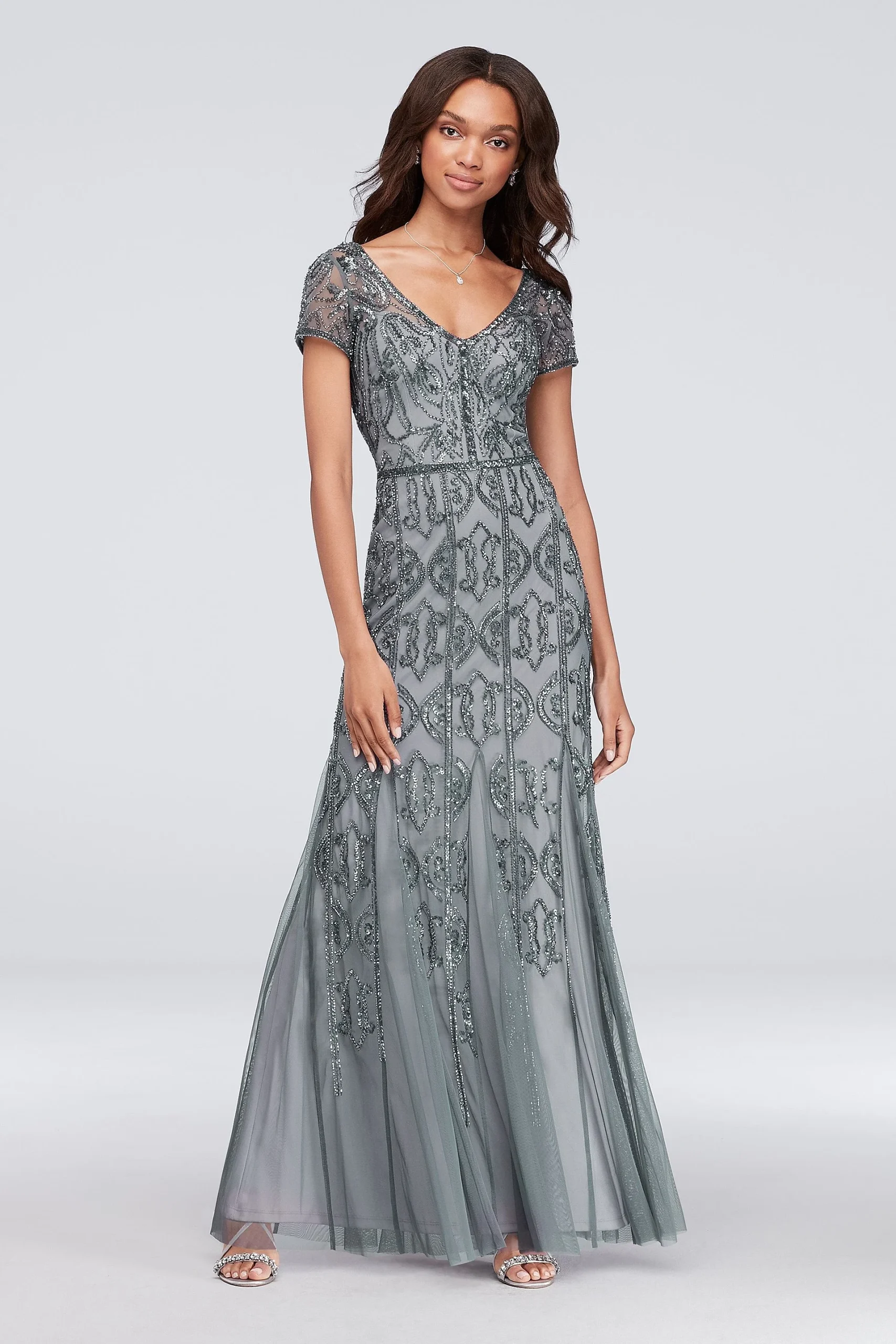 Beaded Mesh V-Neck Sheath Gown with Cap Sleeves