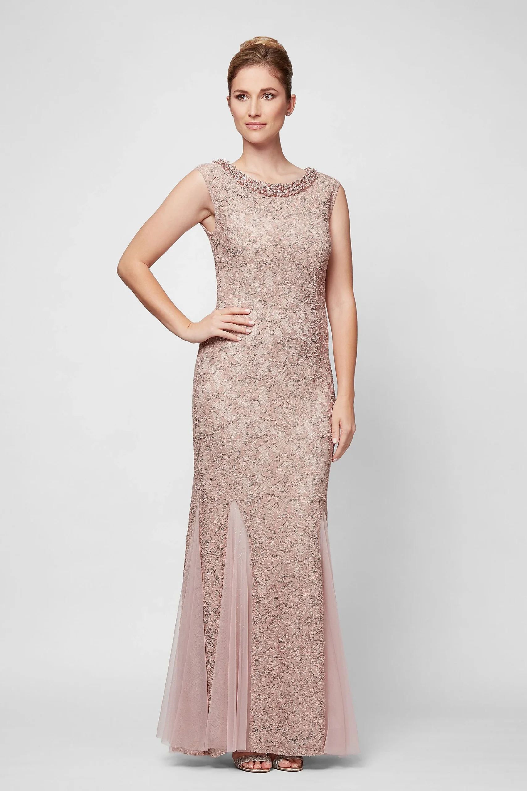 Beaded Neck Lace Mermaid Gown with Tulle Godets