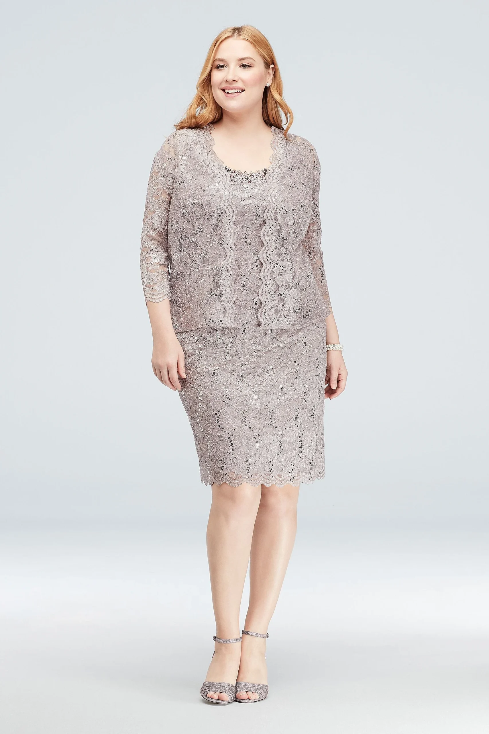 Beaded Neck Sequin Lace Plus Size Dress and Jacket