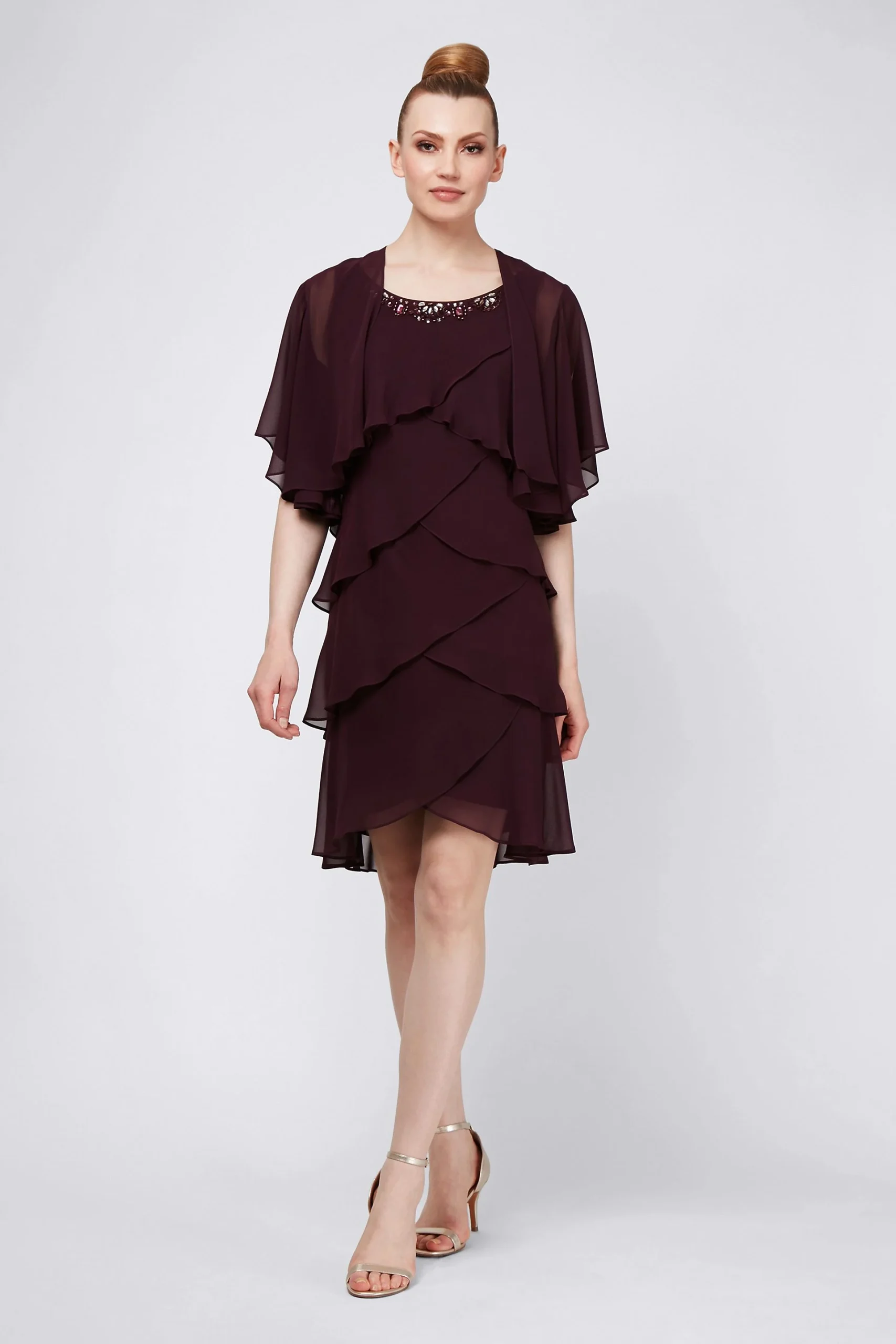 Beaded Neckline Tiered Chiffon Dress and Jacket