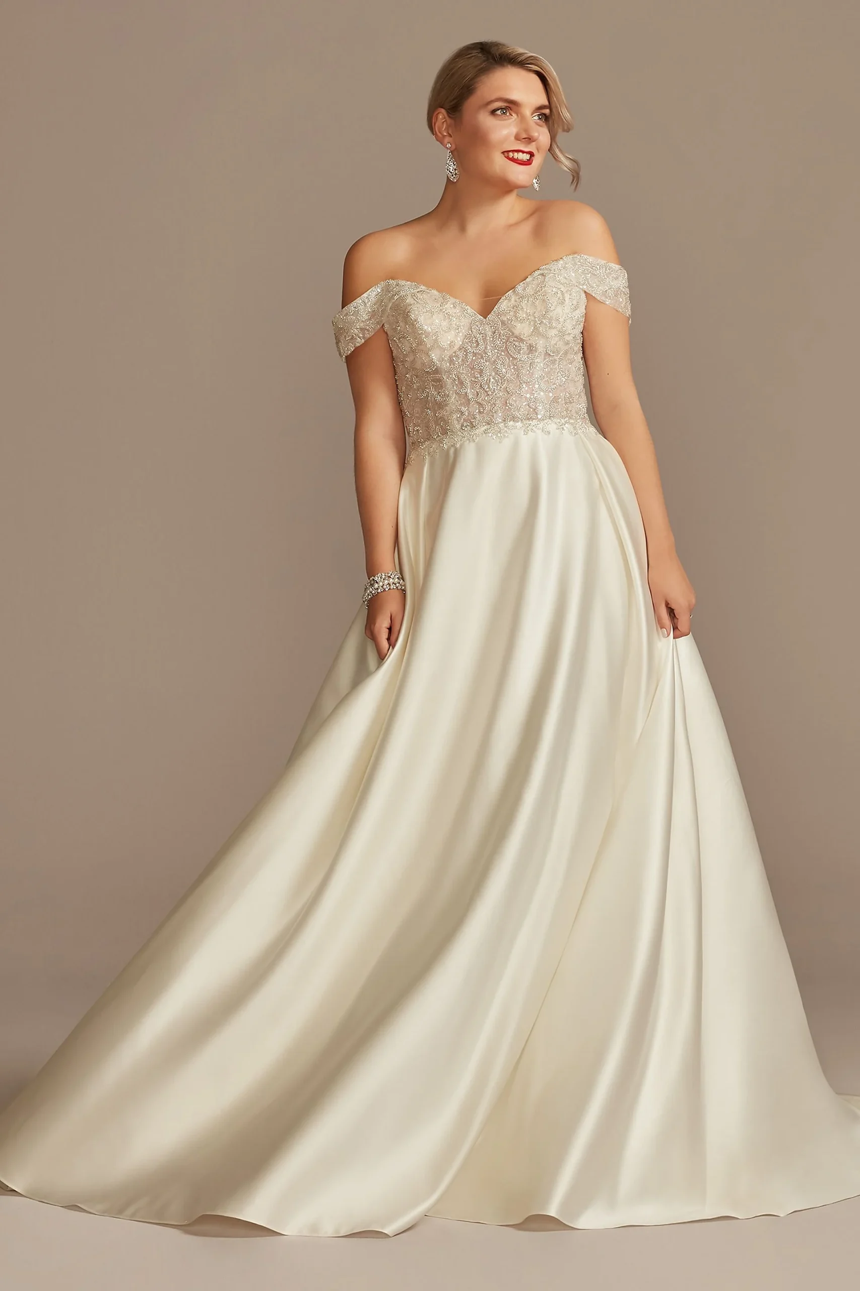 Beaded Off Shoulder Satin Wedding Dress