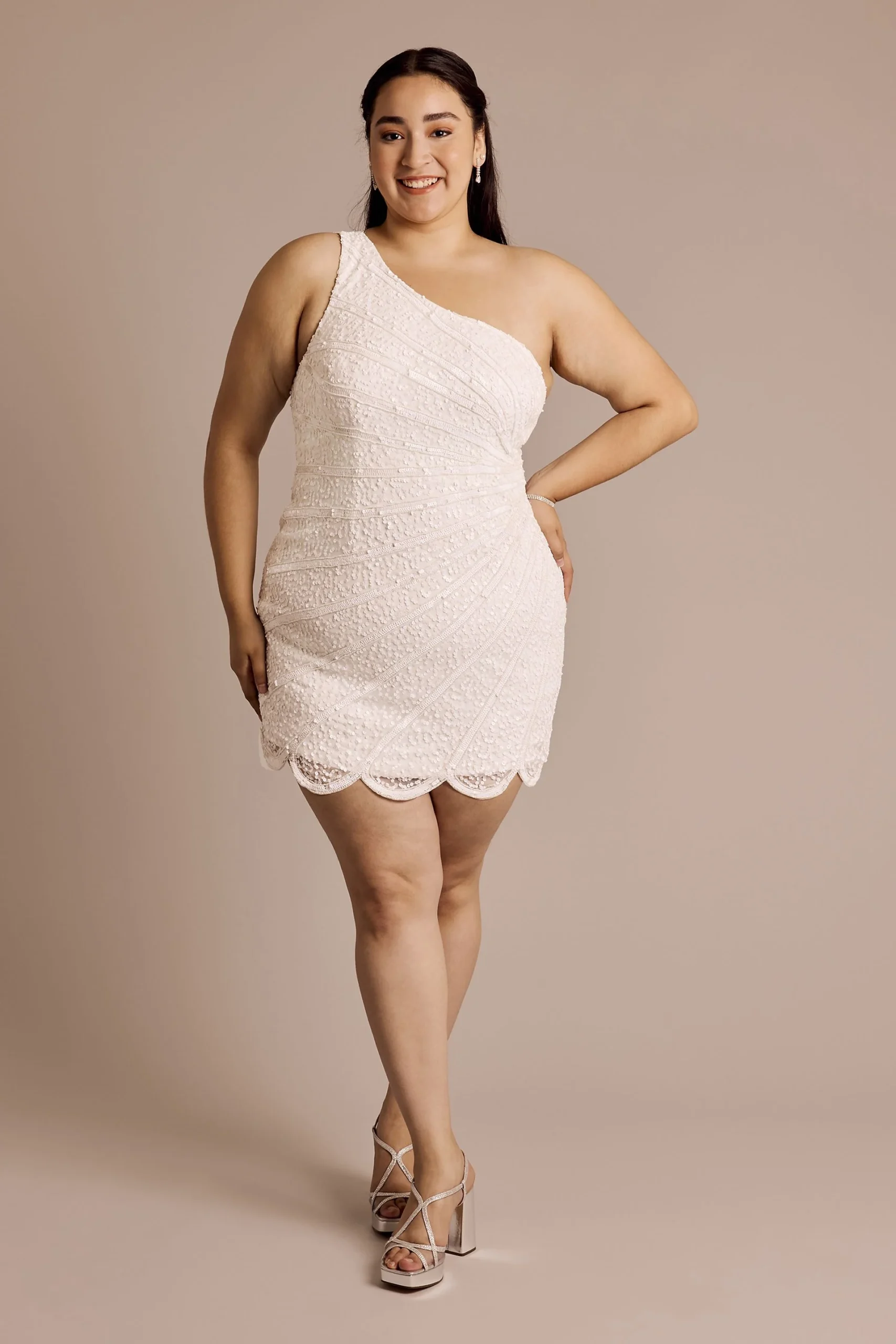 Beaded One-Shoulder Mini Dress with Scalloped Hem