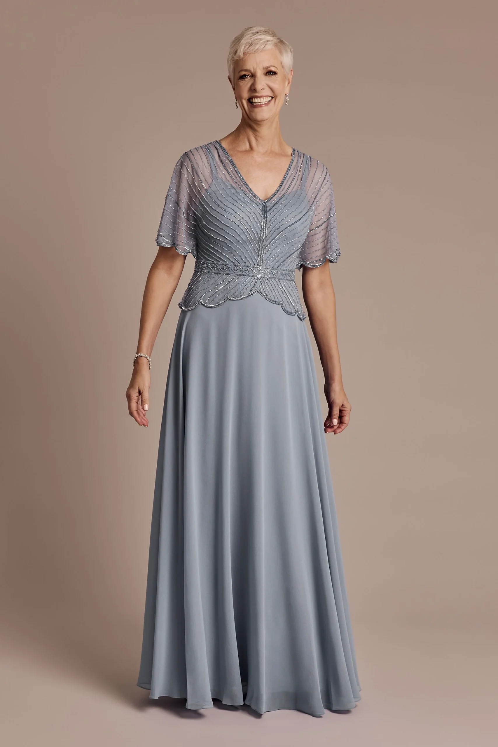 Beaded Peplum A-Line Dress with Scalloped Edge