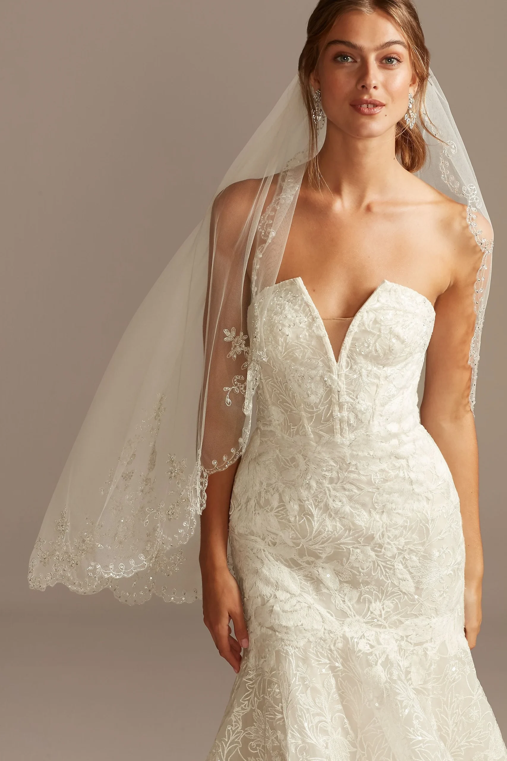 Beaded Scalloped Hem Veil with Metallic Threading