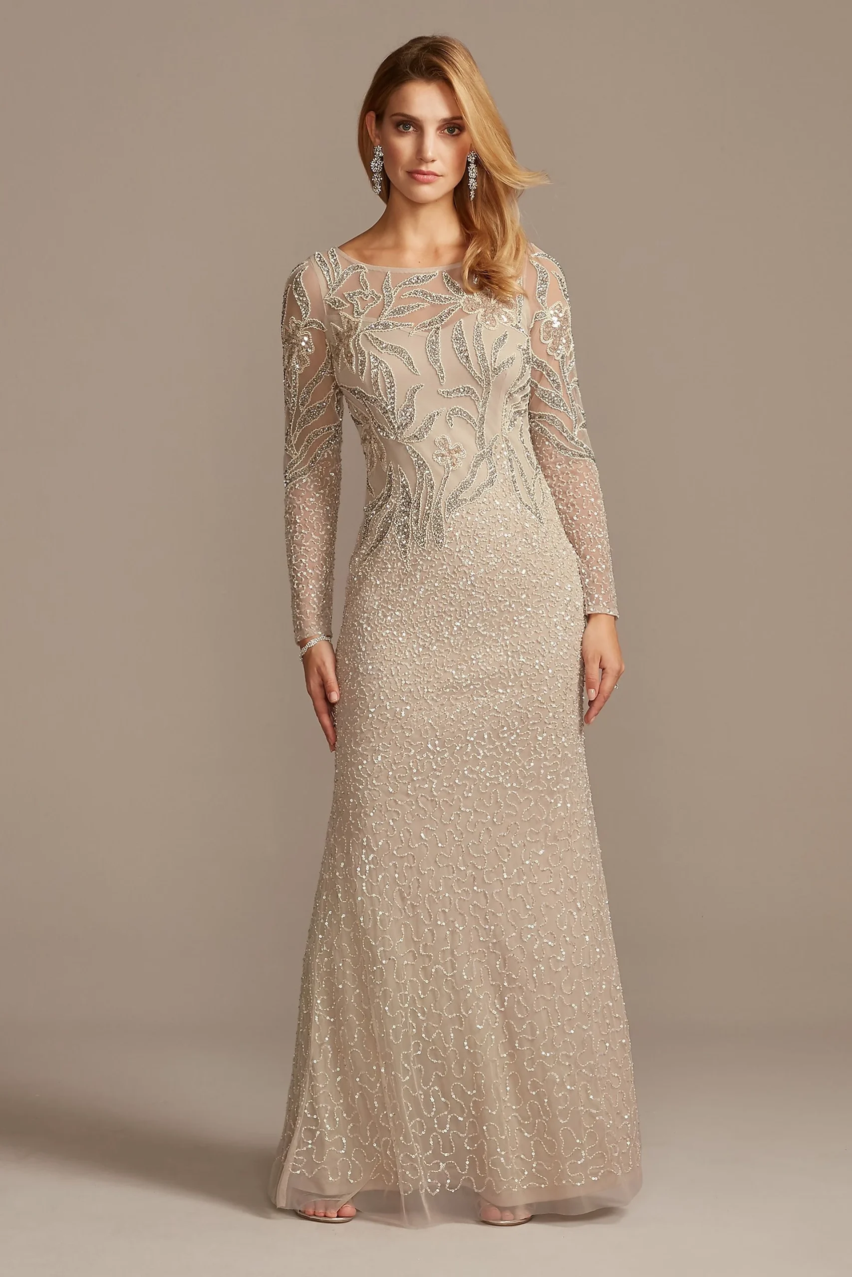 Beaded Scoopneck Illusion Long Sleeve Sheath Dress