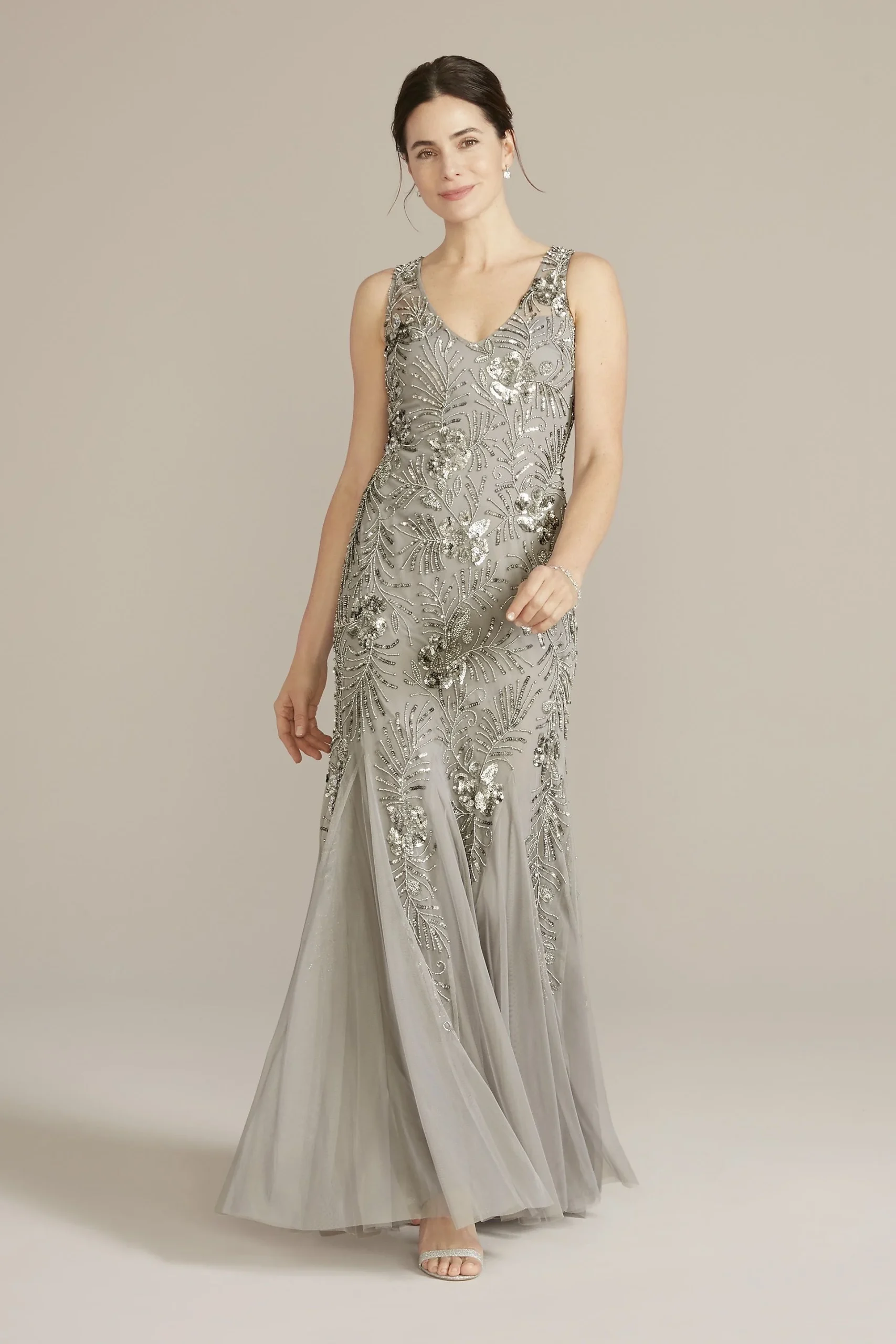 Beaded Sheath Tank Gown with Godets
