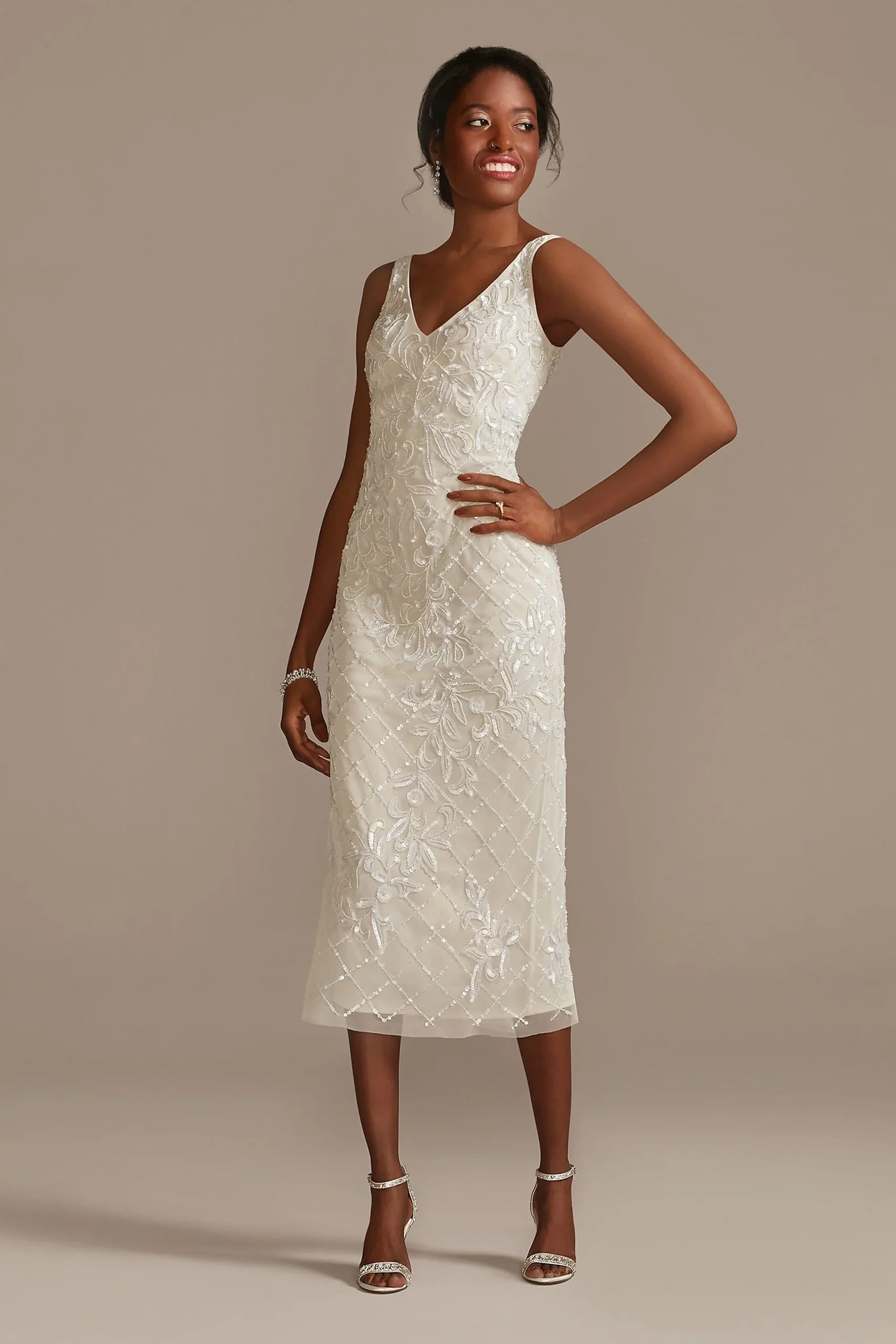 Beaded Sheath V-Neck Midi Dress with Low Back