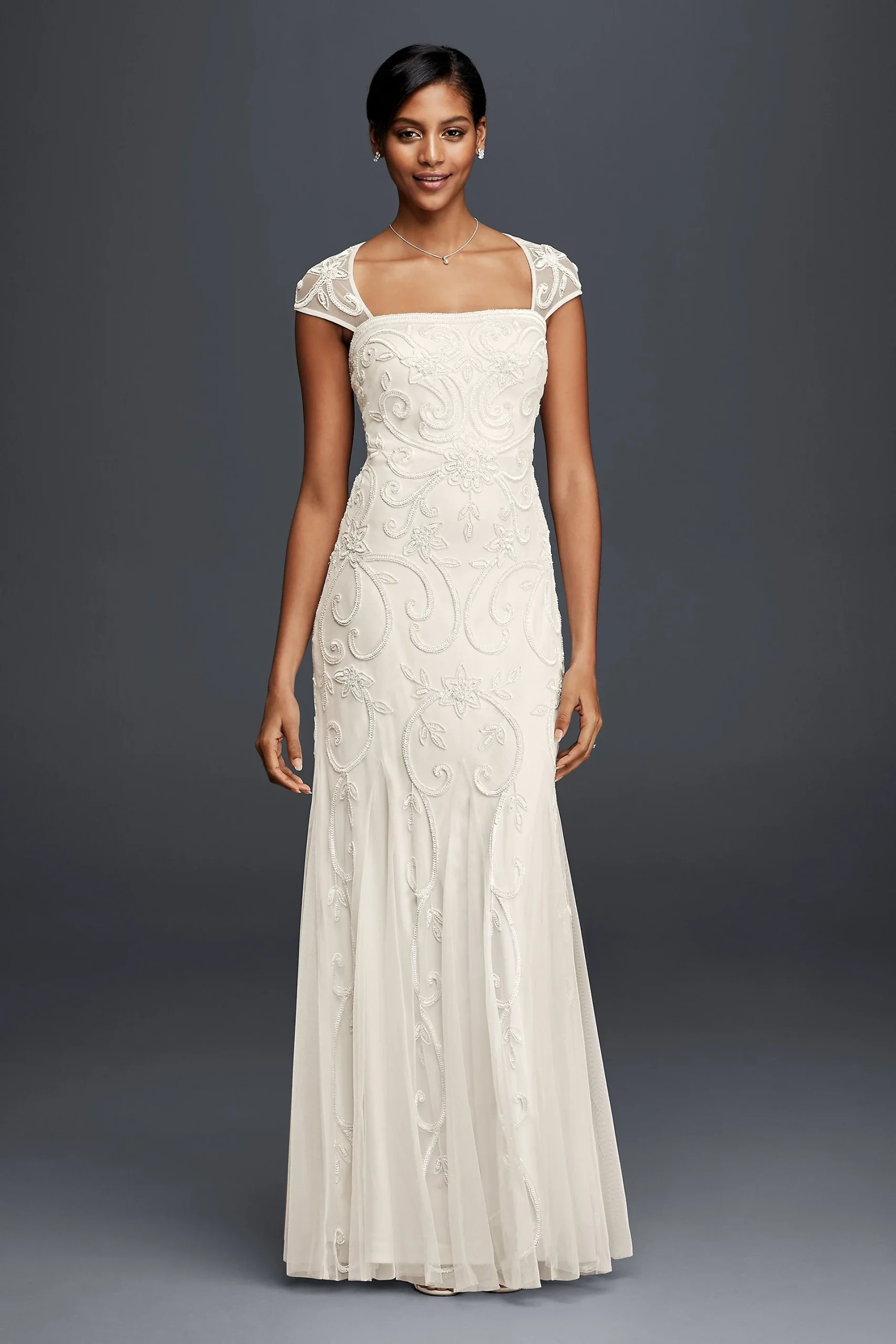 Beaded Sheath Wedding Dress with Cap Sleeves