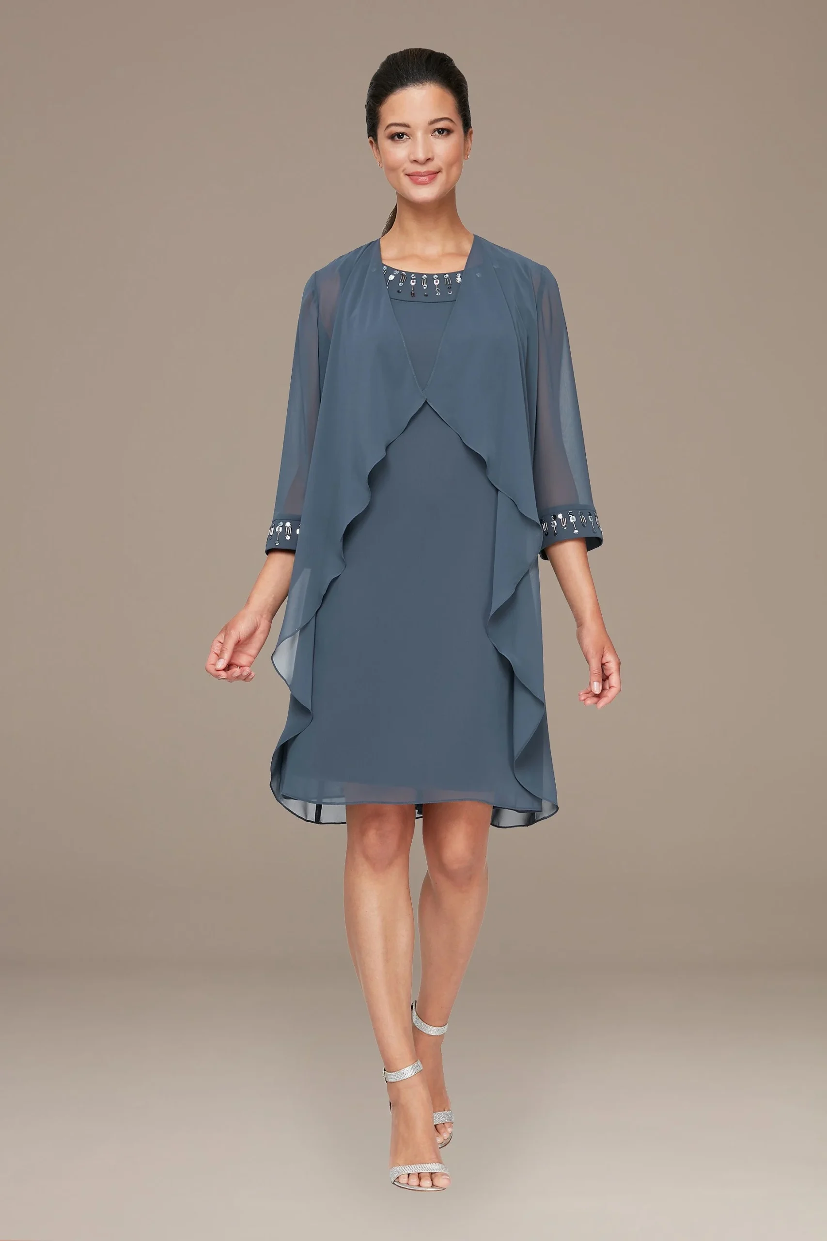 Beaded Shift Dress with Cascade Illusion Jacket