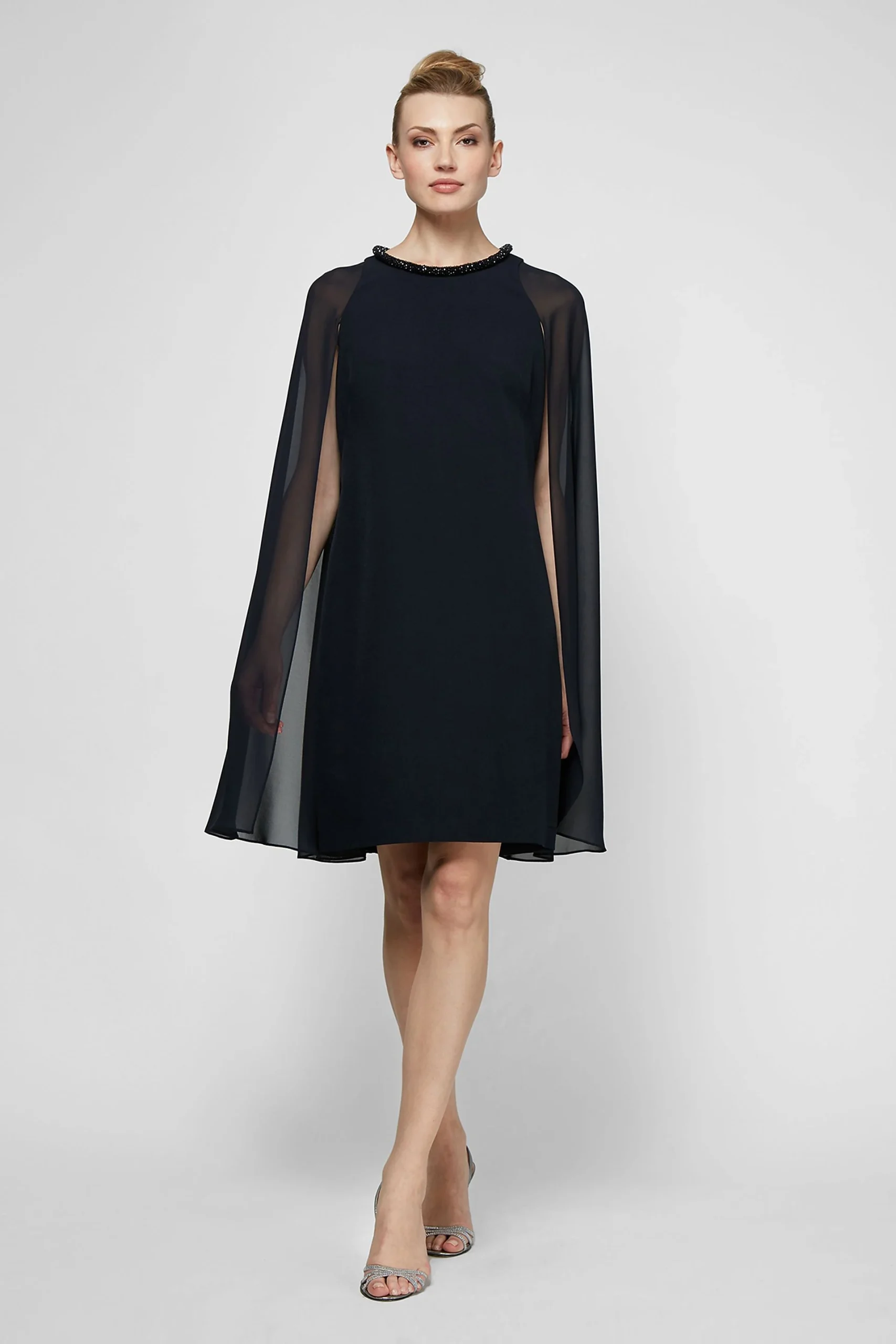 Beaded Short Sheath Dress with Attached Cape