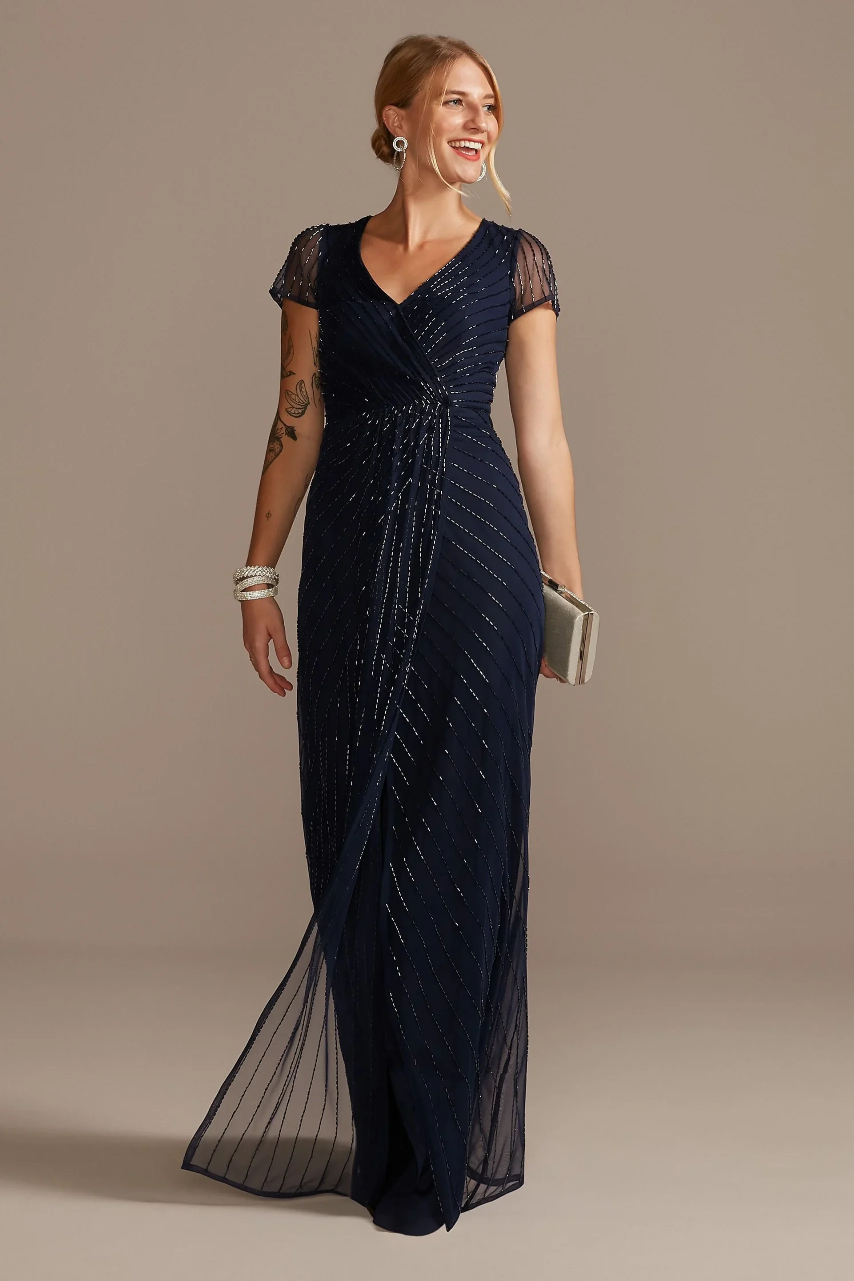 Beaded Short Sleeve V-Neck Dress with Pleats