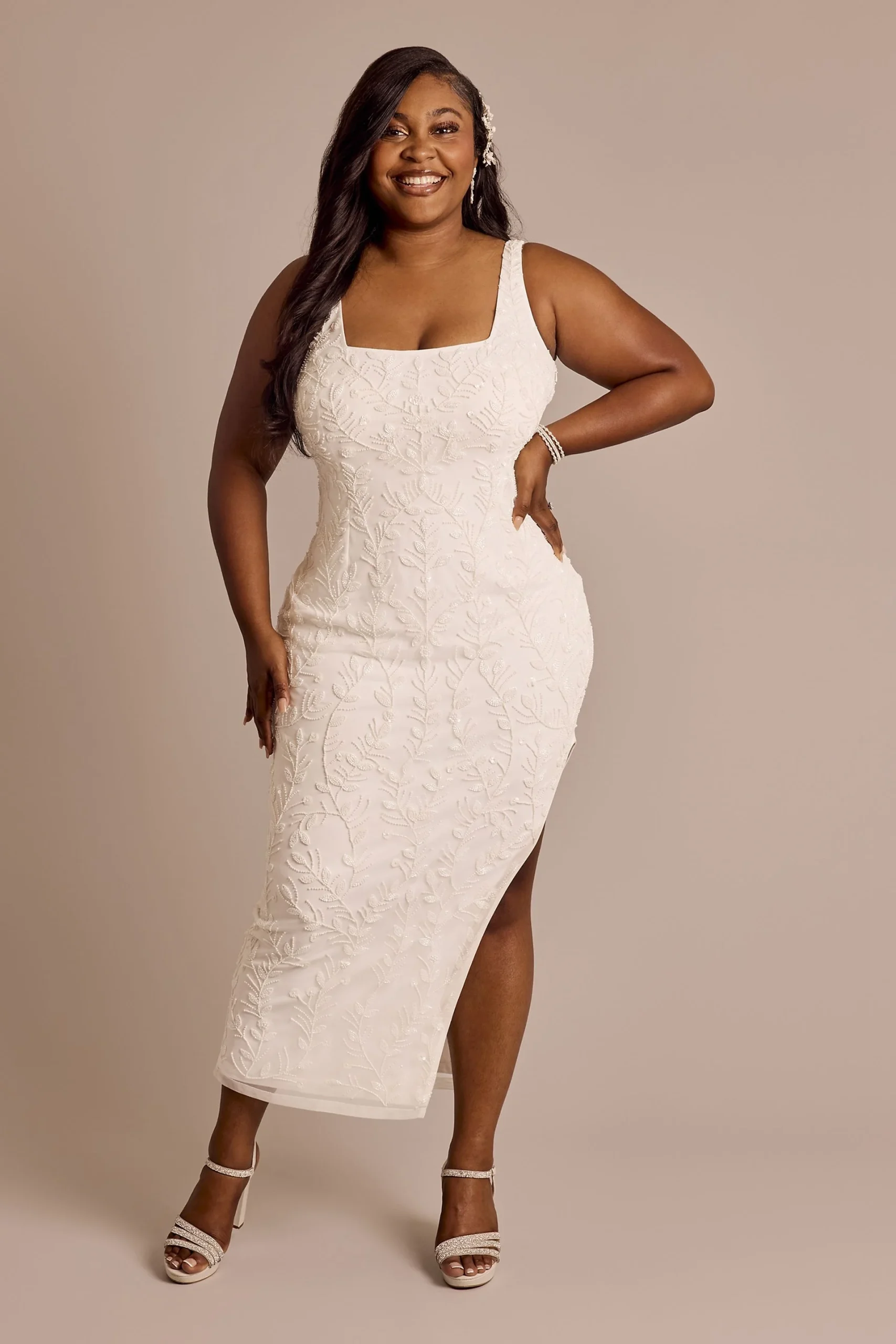 Beaded Square Neck Tank Midi Dress